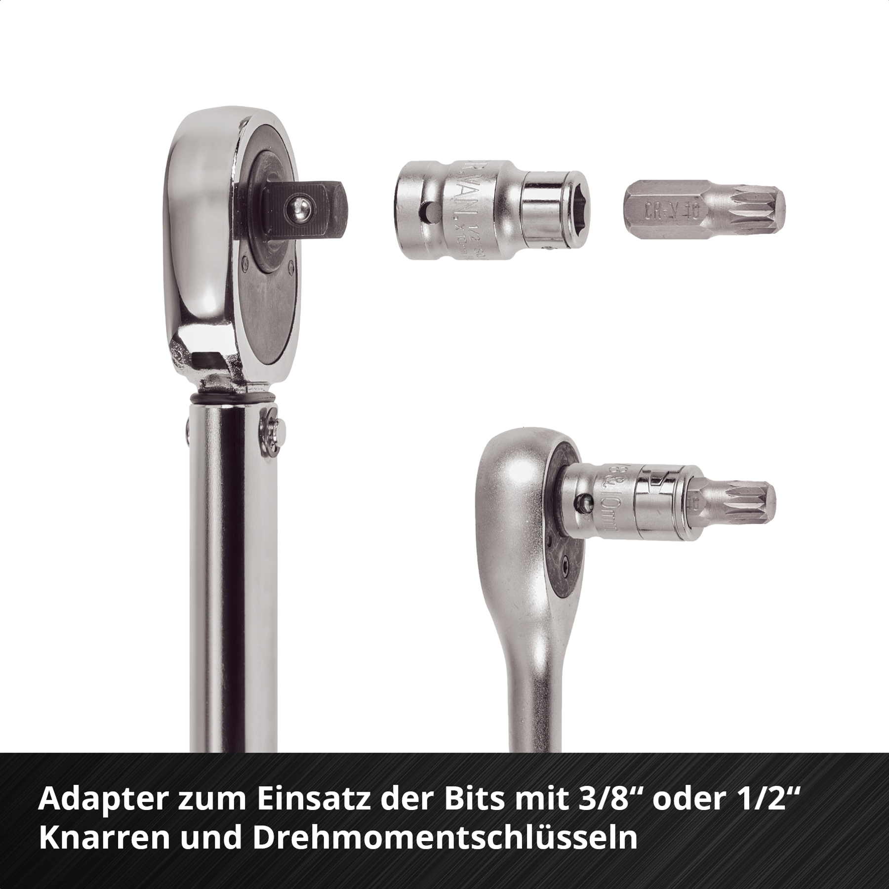 Cricchetti cromati con adattatori e punte Torx su sfondo bianco.
