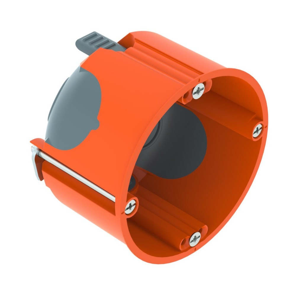 Una scatola elettrica da incasso arancione con accenti grigi e viti.