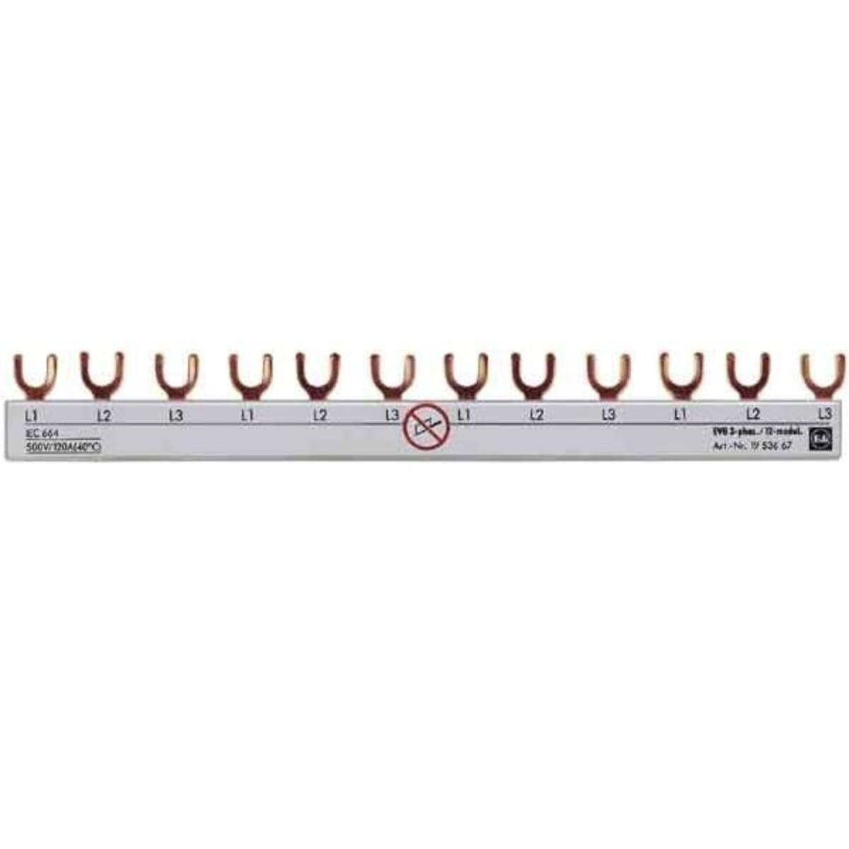Un connettore per barra collettrice con 10 morsetti color rame, etichettati L1, L2, L3.