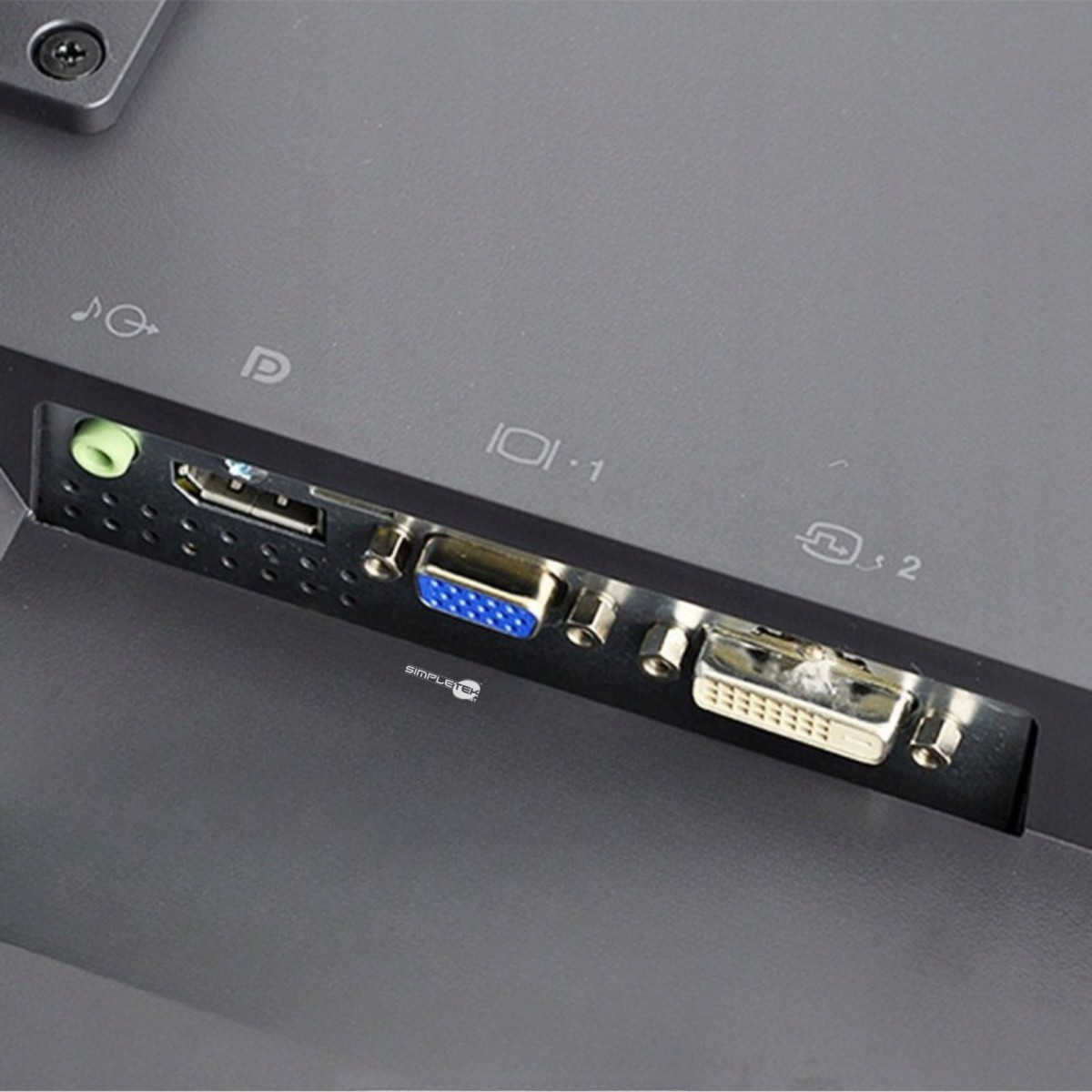 Primo piano delle porte del monitor: audio, HDMI, VGA, DVI. Icone etichettate per audio, P, 10.1 e 2 display.