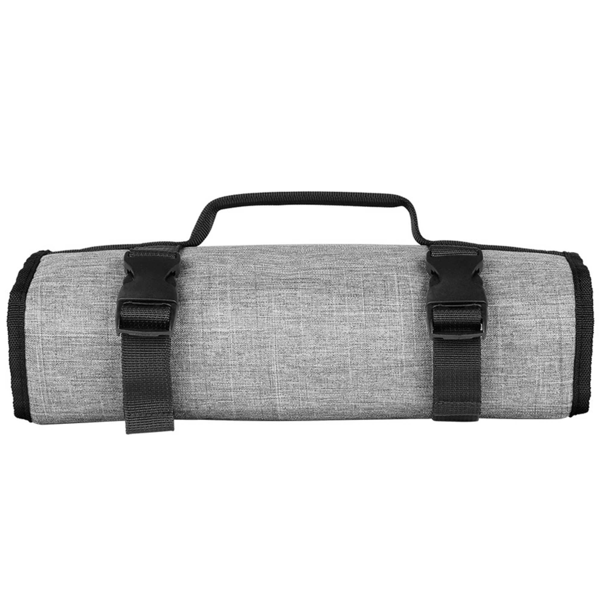 Graue Rolltasche mit schwarzem Tragegriff und Schnallen.