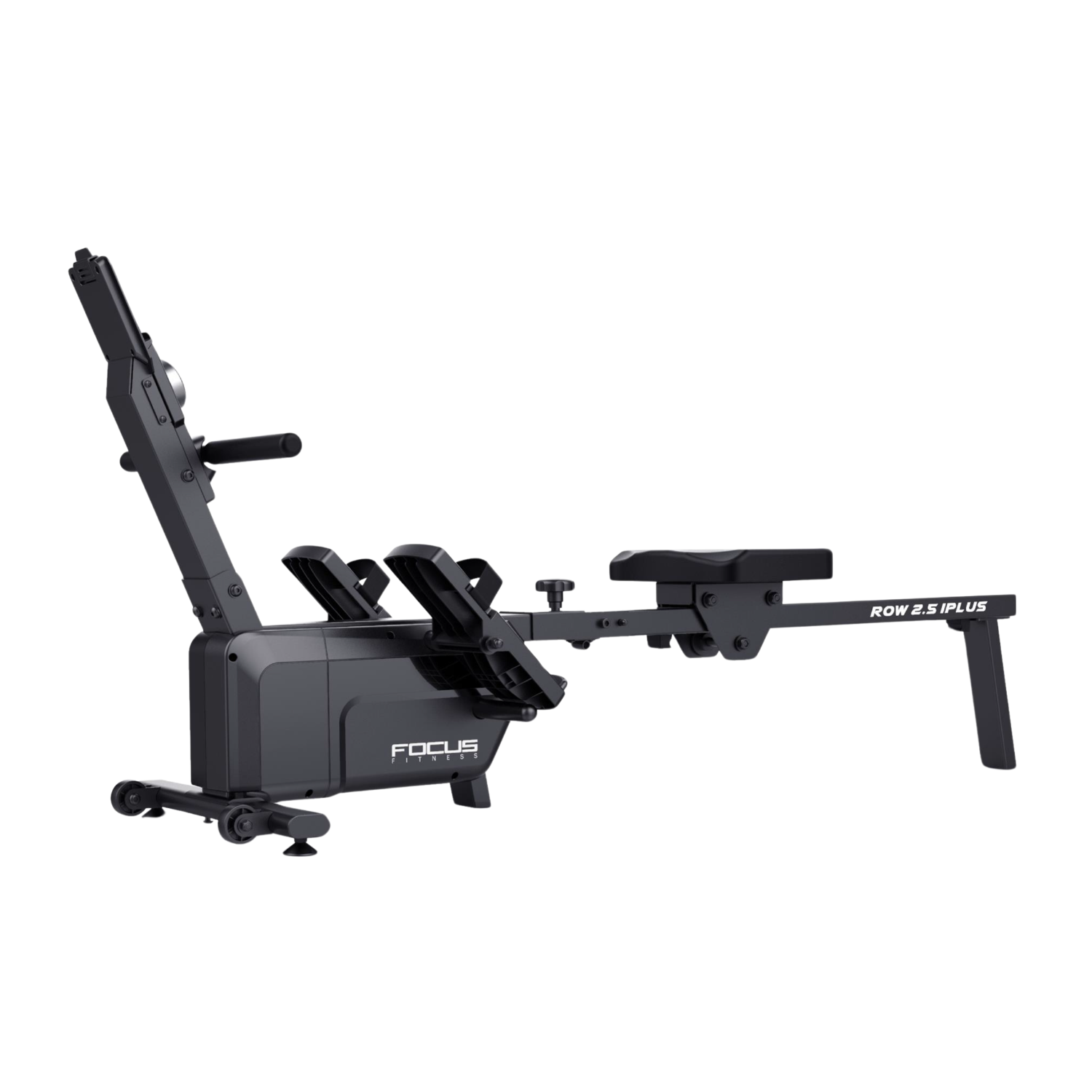 Een zwart Focus Fitness roeiapparaat met zitting, voetsteunen en handvat.