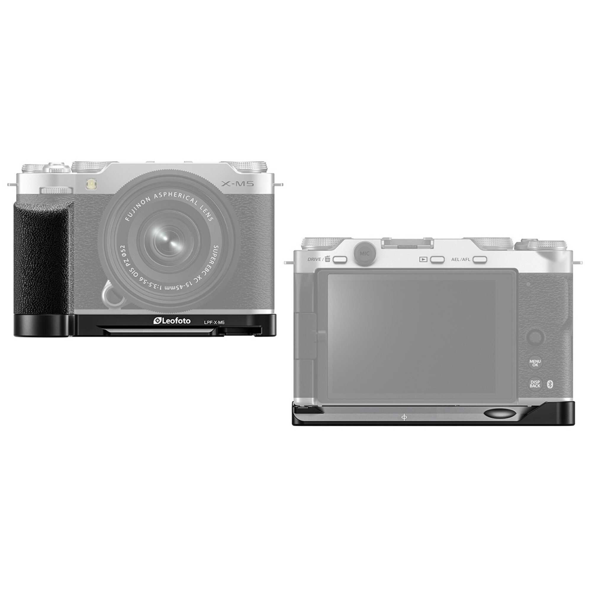 Silberne Fujifilm X-M5 Kamera mit schwarzem Griff und Leofoto Basis. Vorder- und Rückansicht.