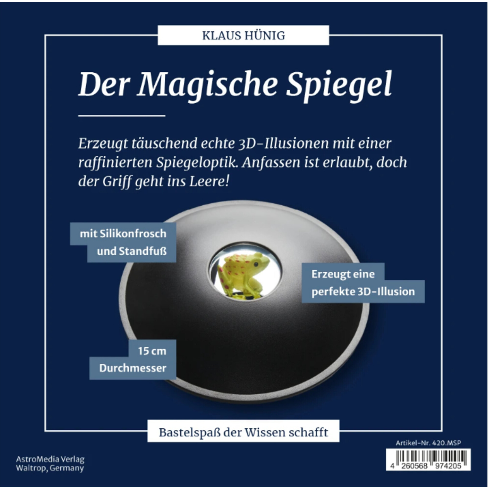Ein 15cm Zauberspiegel mit Frosch-Illusion, inkl. Ständer. Erzeugt 3D-Illusionen.