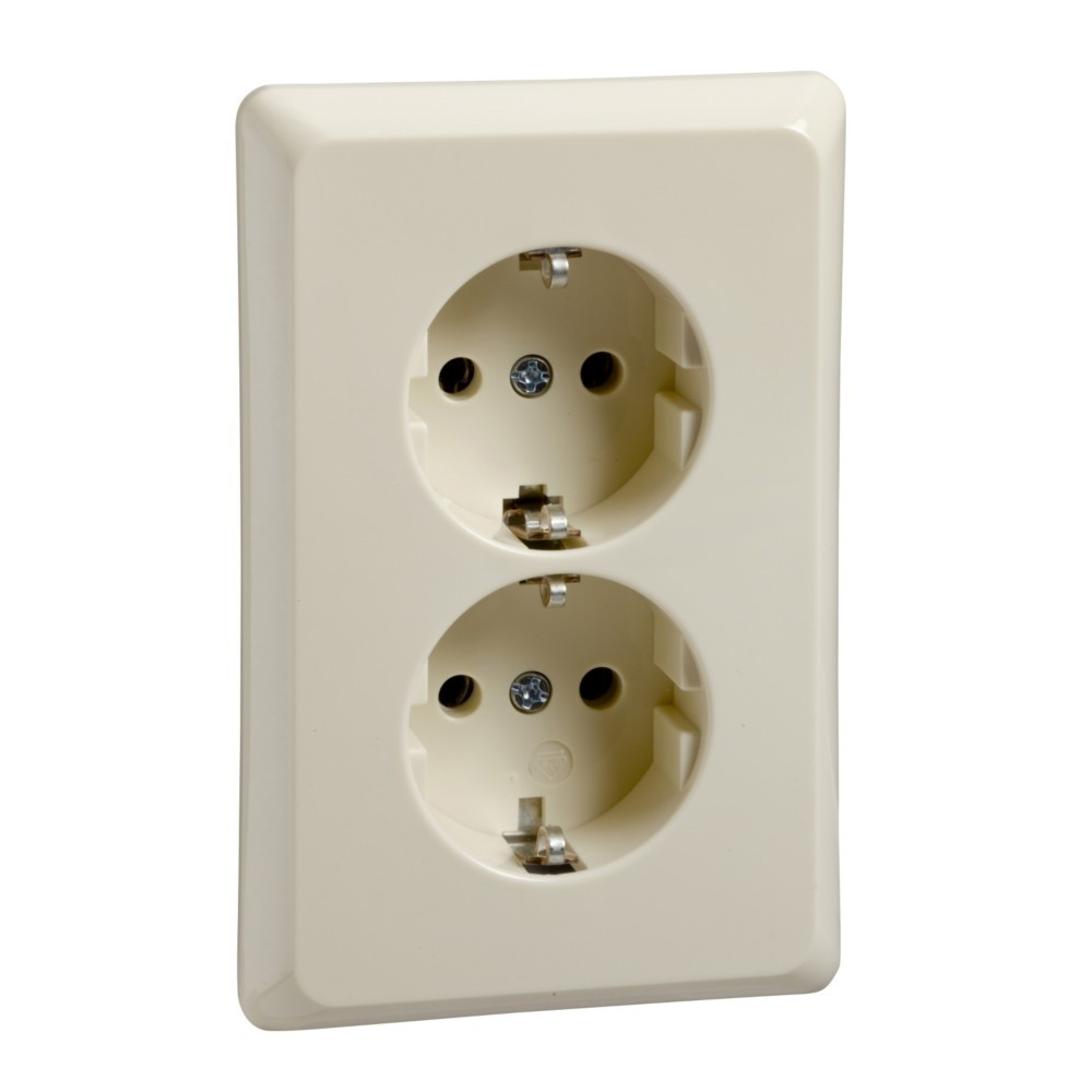 Una presa elettrica doppia color crema con viti e contatti metallici.
