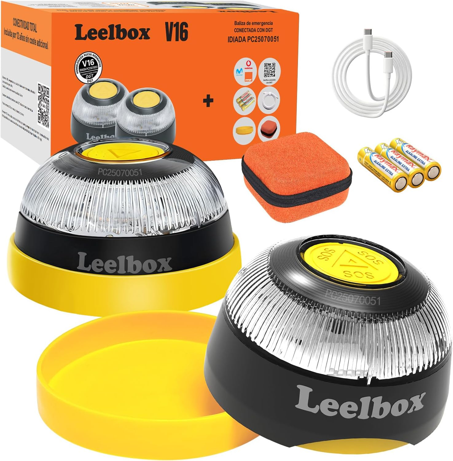 Kit de luces de emergencia Leelbox V16 con cable, pilas, funda y caja.
