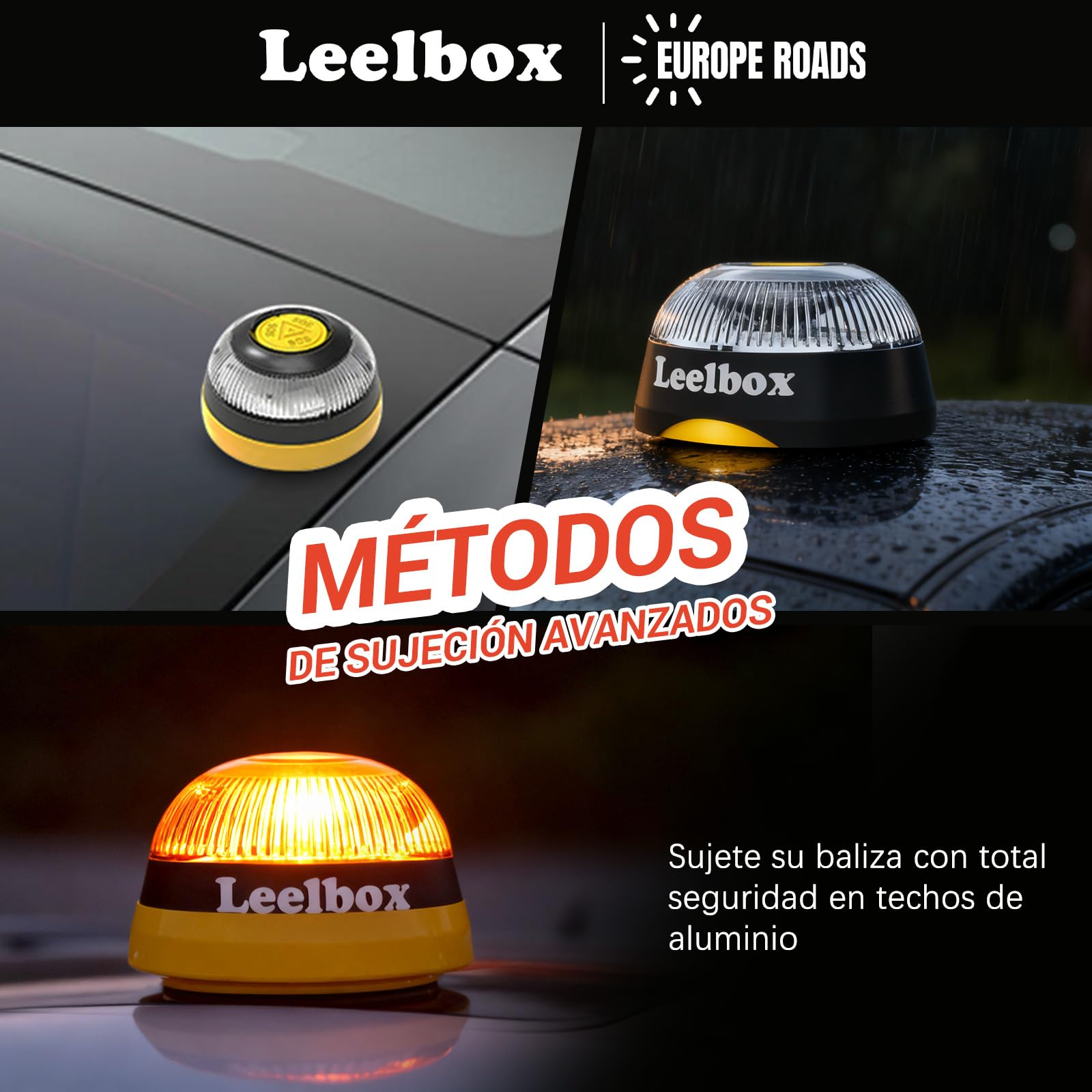 Luz de advertencia Leelbox en amarillo y negro sobre un coche.