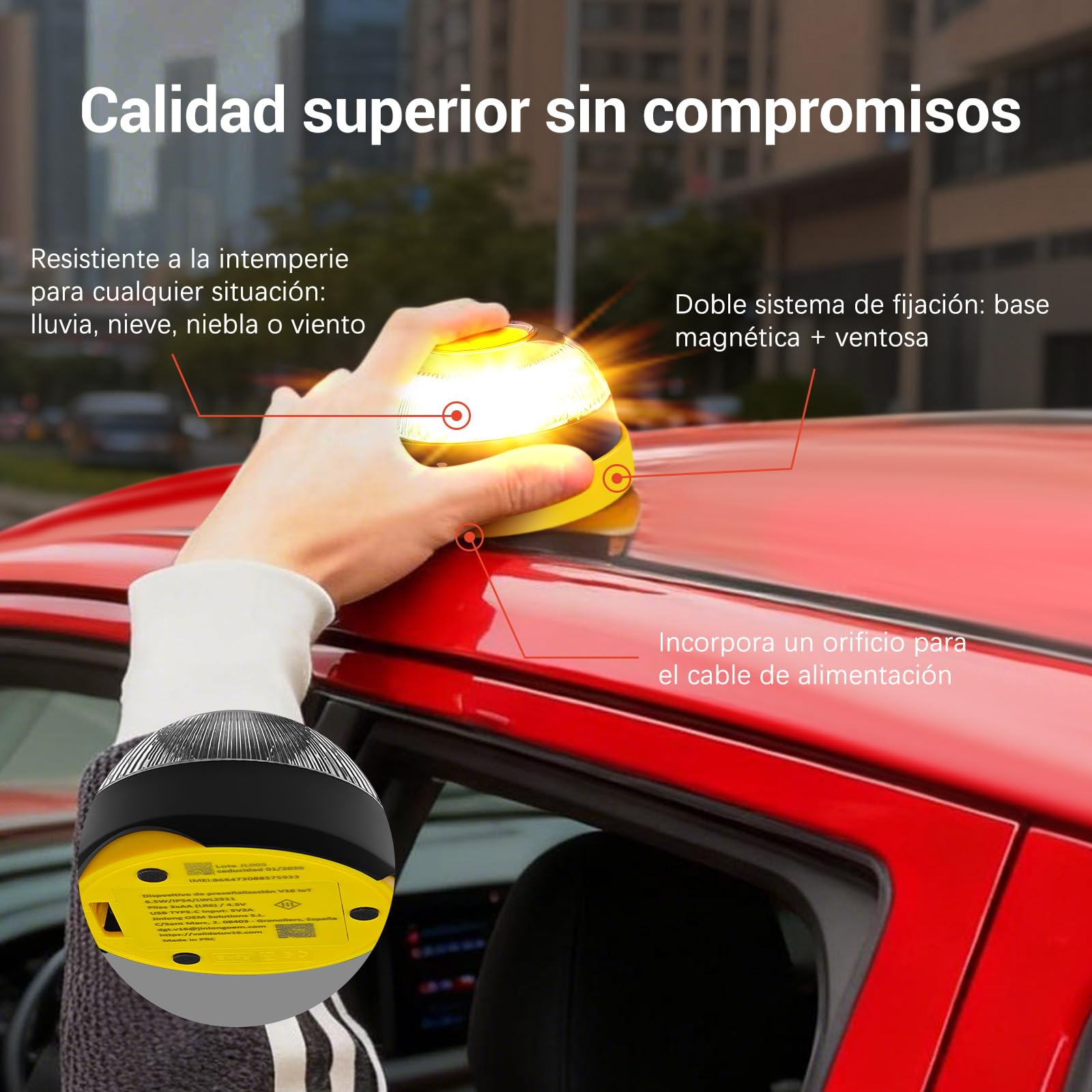 Una mano coloca una luz de emergencia amarilla en el techo de un coche rojo. El texto resalta características.