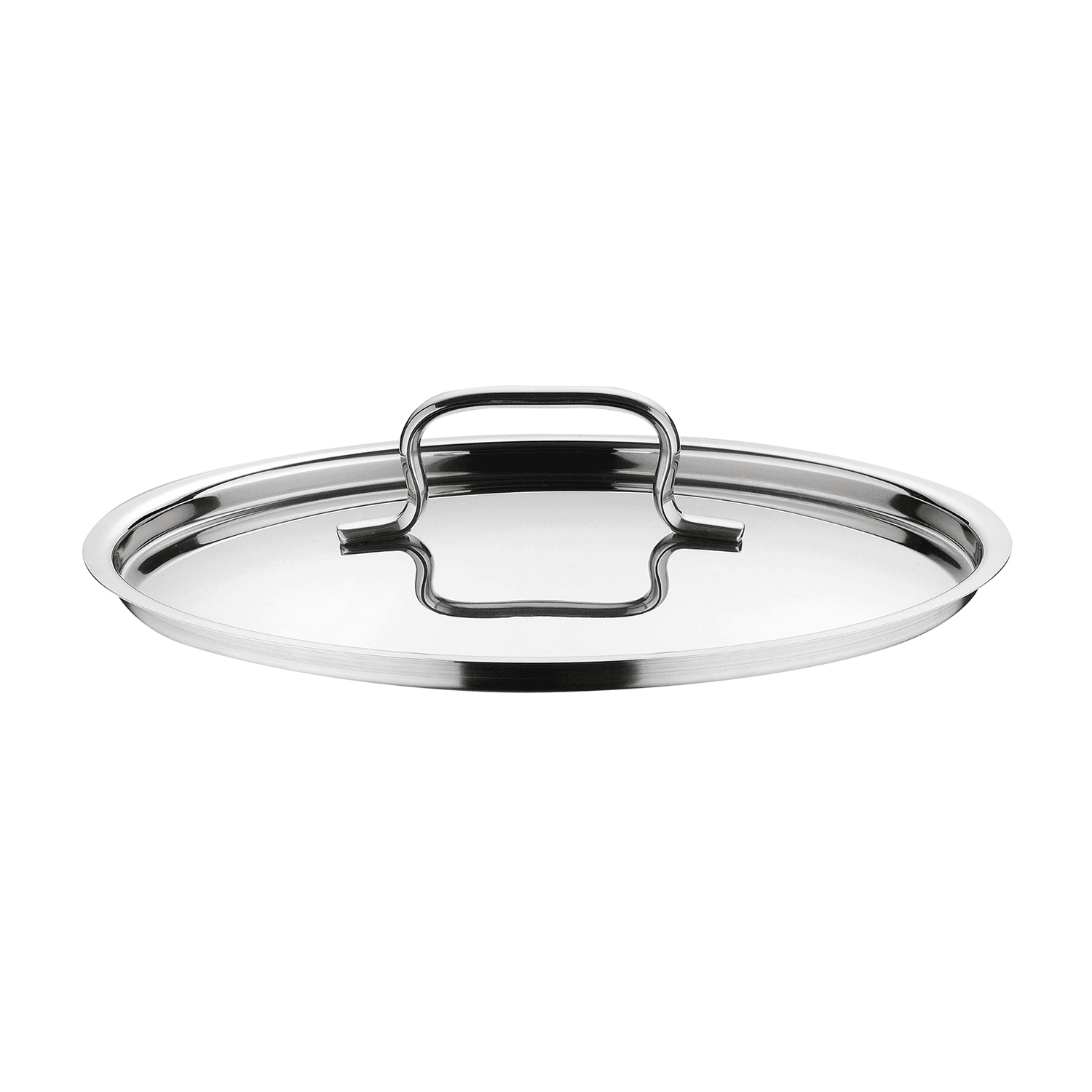 Una tapa de olla de metal brillante con un asa curva.