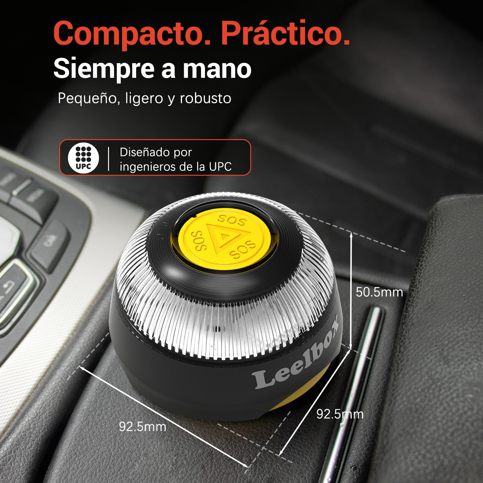 Una luz SOS negra y amarilla de 92,5x50,5mm se encuentra en la consola central de un coche.