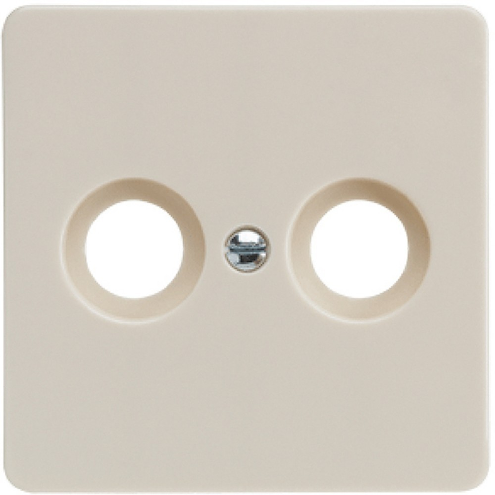 Una placca per presa elettrica quadrata color crema con due fori circolari e una vite centrale.