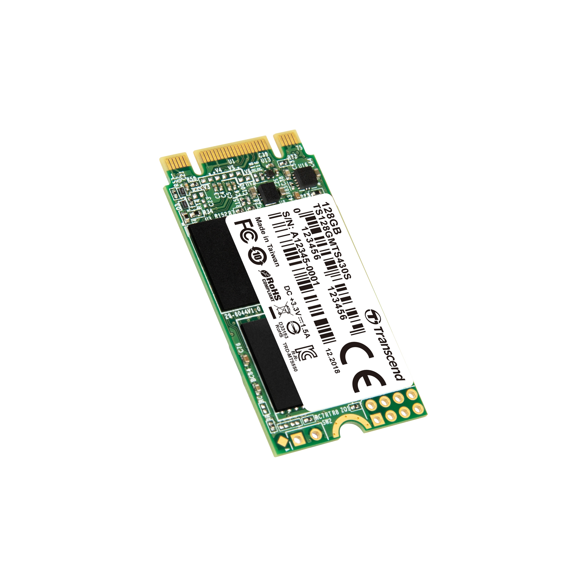 SSD M.2 Transcend da 128 GB con connettori dorati e chip neri su scheda verde.