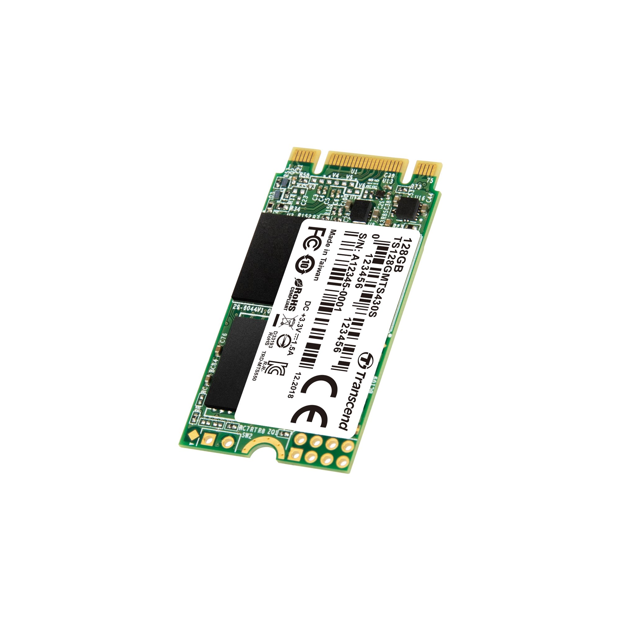 Un SSD M.2 da 128 GB di Transcend con etichette e connettori dorati.
