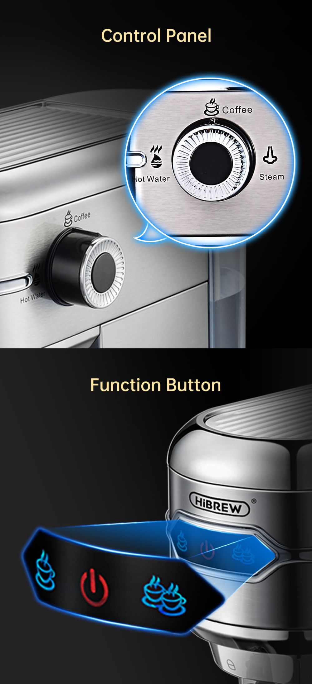 Panel de control y botones de función de cafetera: dial para café, agua caliente, vapor.