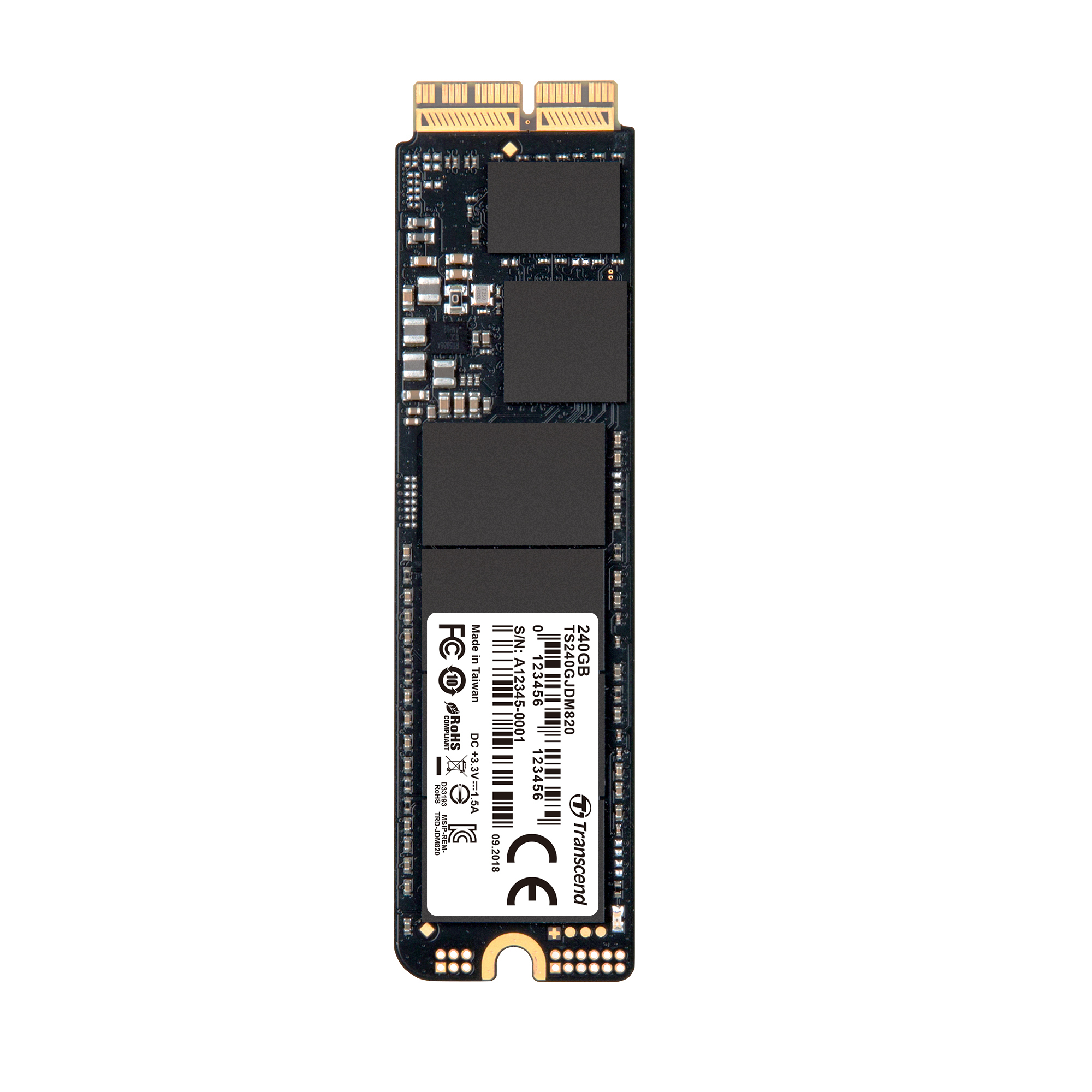 Un SSD M.2 da 240 GB con connettori dorati e chip neri.