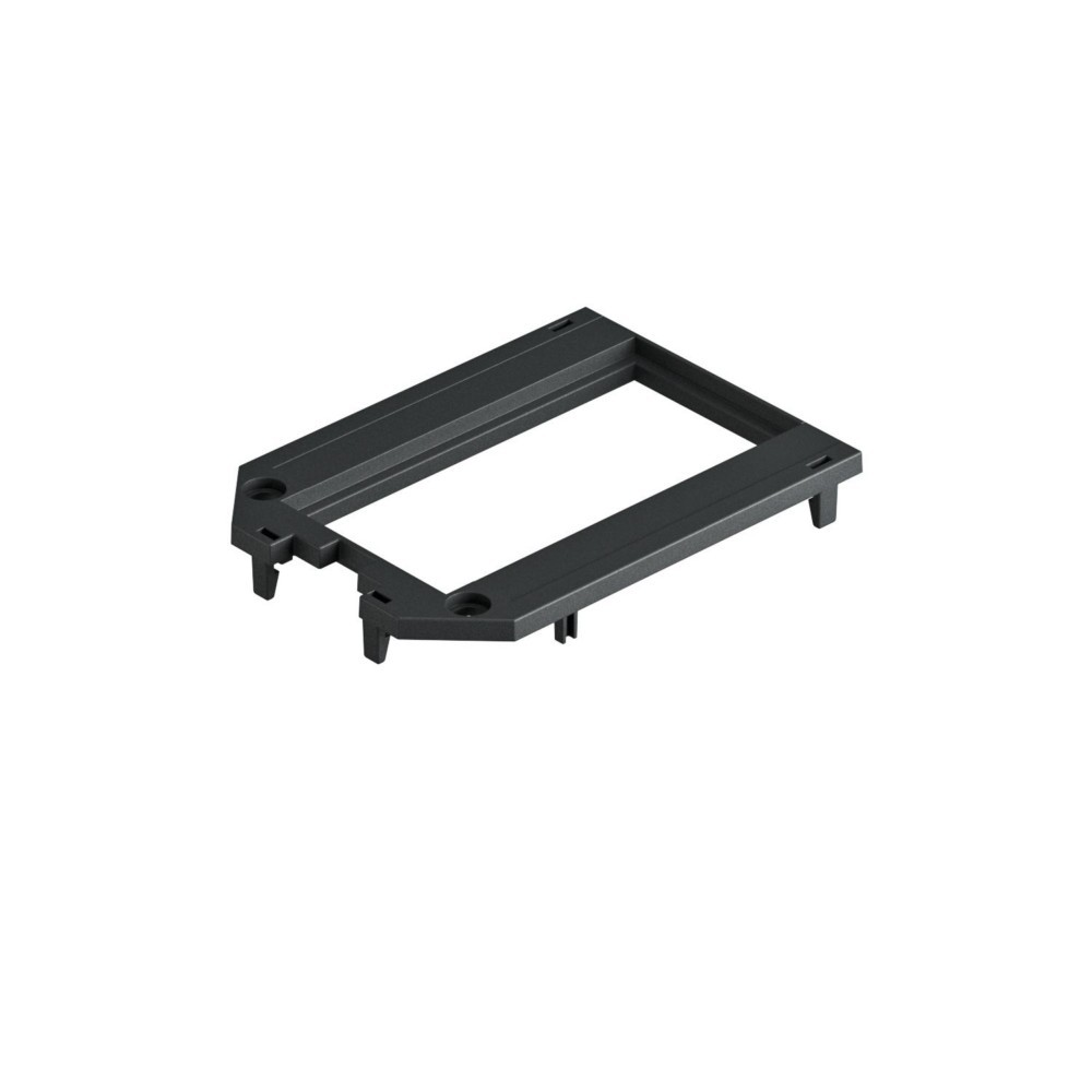 Una cornice rettangolare in plastica nera con quattro gambe e fori di montaggio.