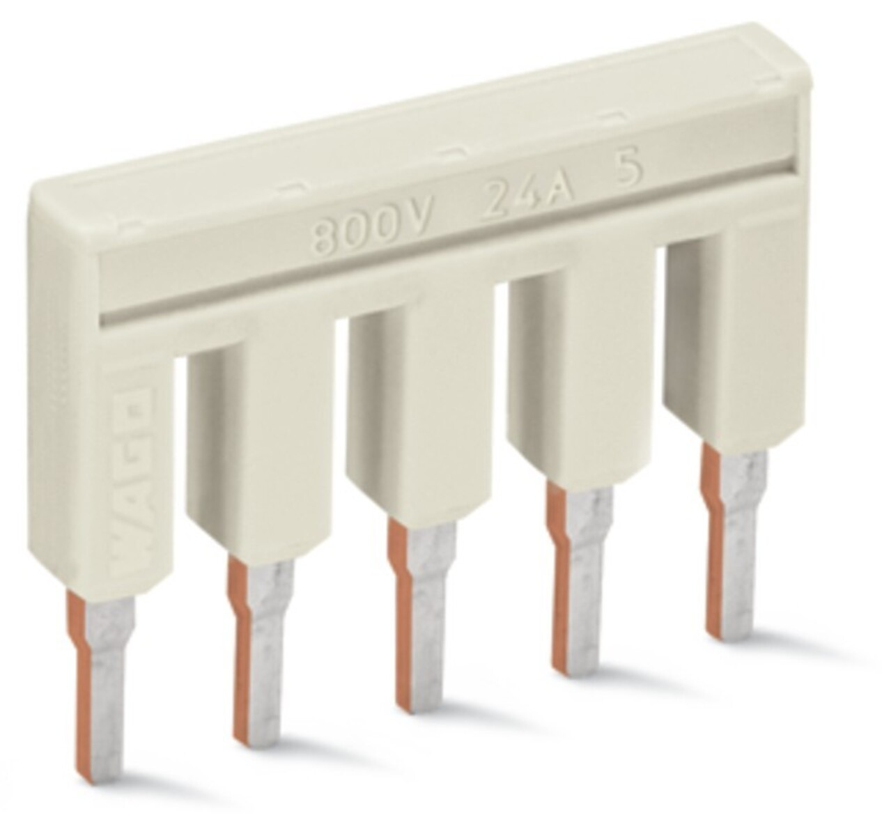 Un connettore Wago color crema con 5 pin metallici, etichettato 800V 24A 5.