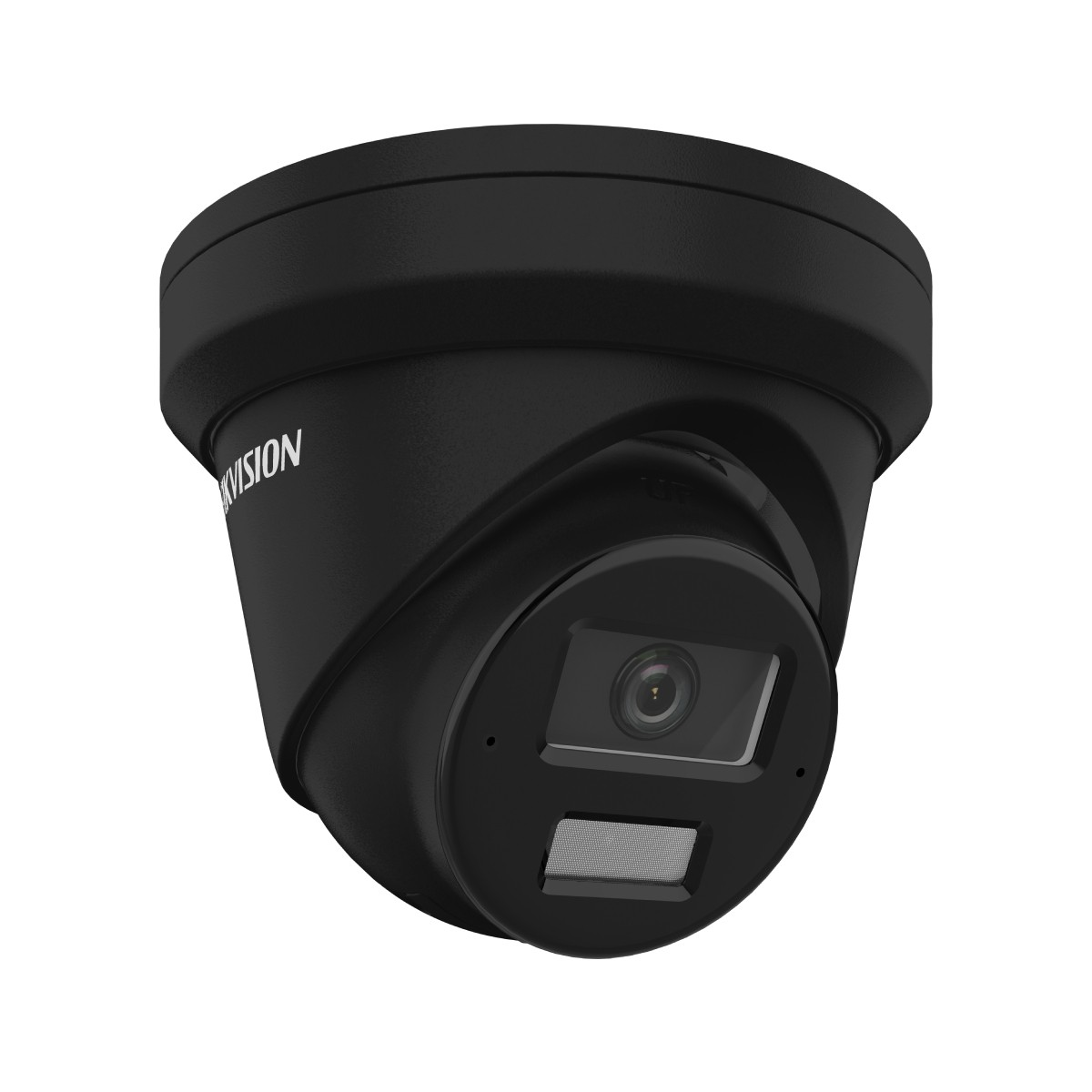 Una telecamera di sicurezza dome nera con logo Hikvision sul lato.