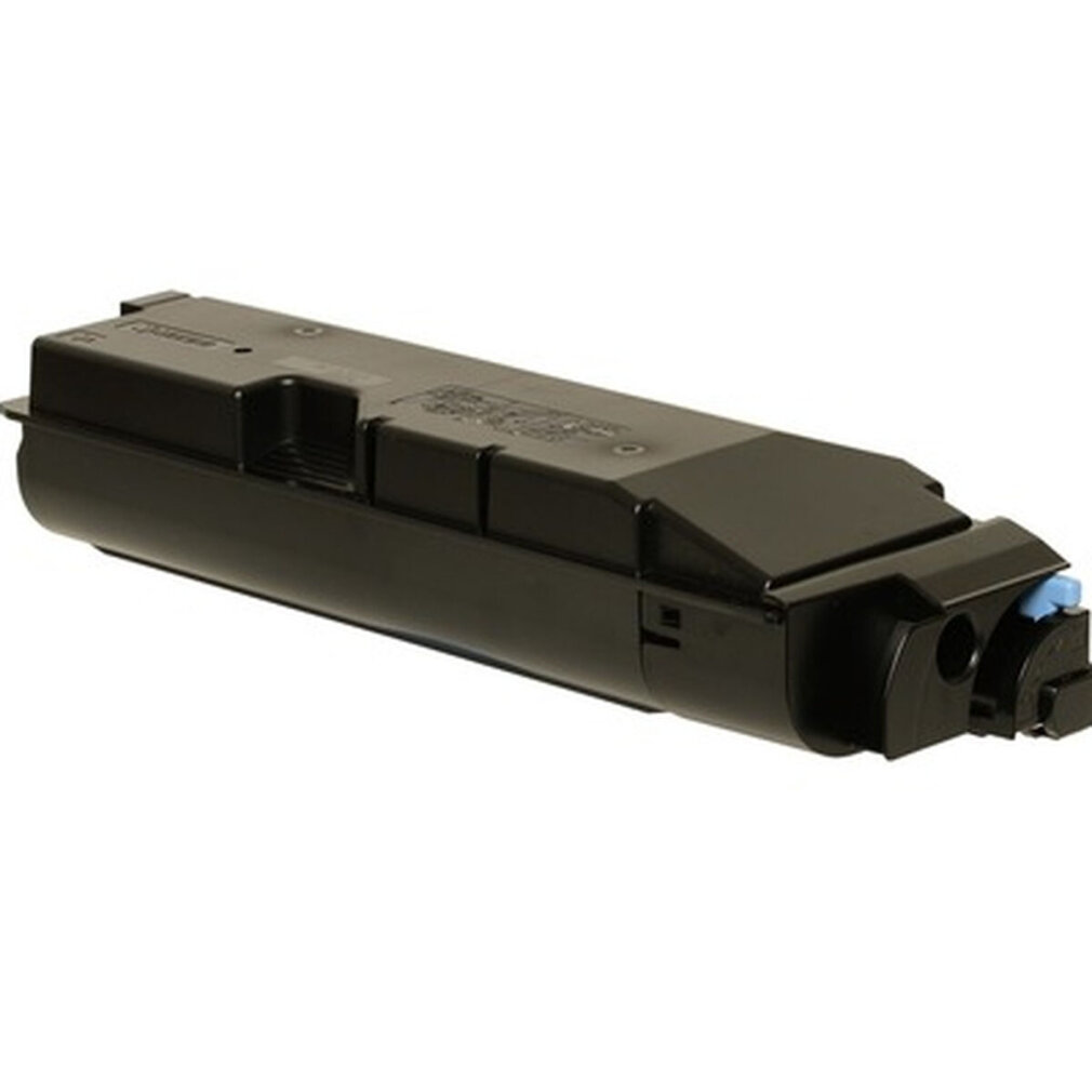 Cartuccia toner nera con accenti blu, isolata su sfondo bianco.