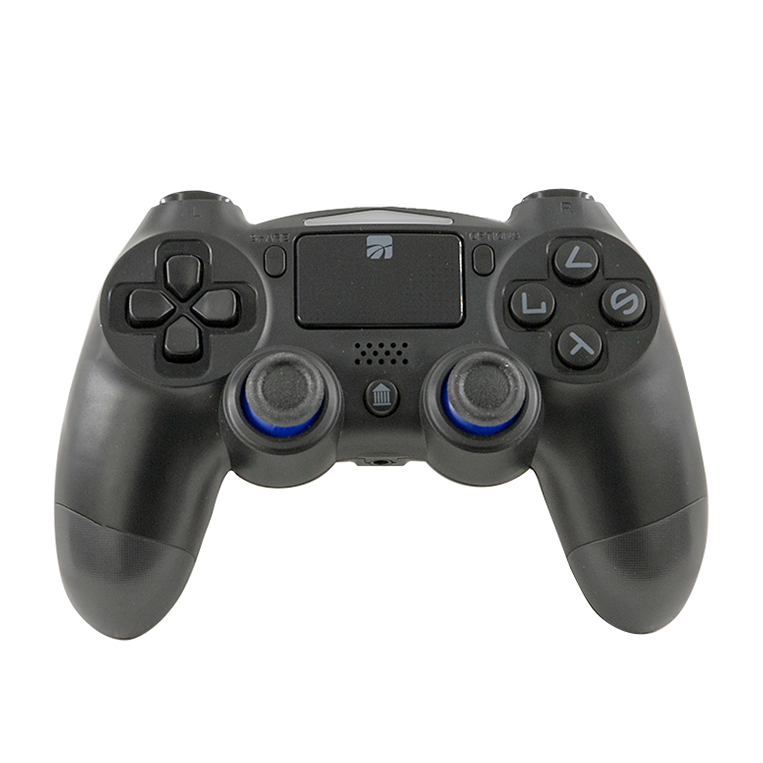 Zwarte videogamecontroller met D-pad, analoge sticks en knoppen.
