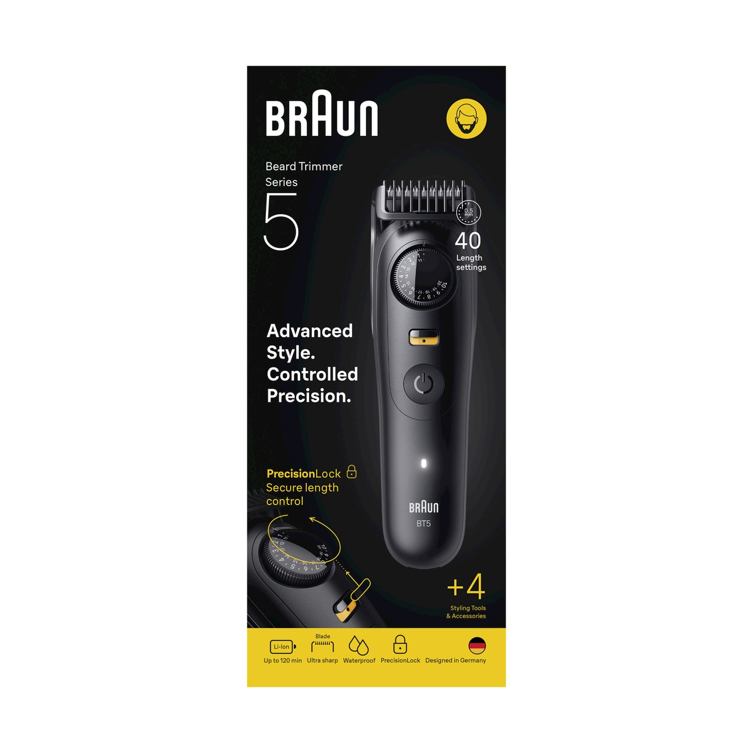 Braun Barttrimmer Serie 5 Verpackung. Bietet 40 Längeneinstellungen, PrecisionLock und Styling-Tools.