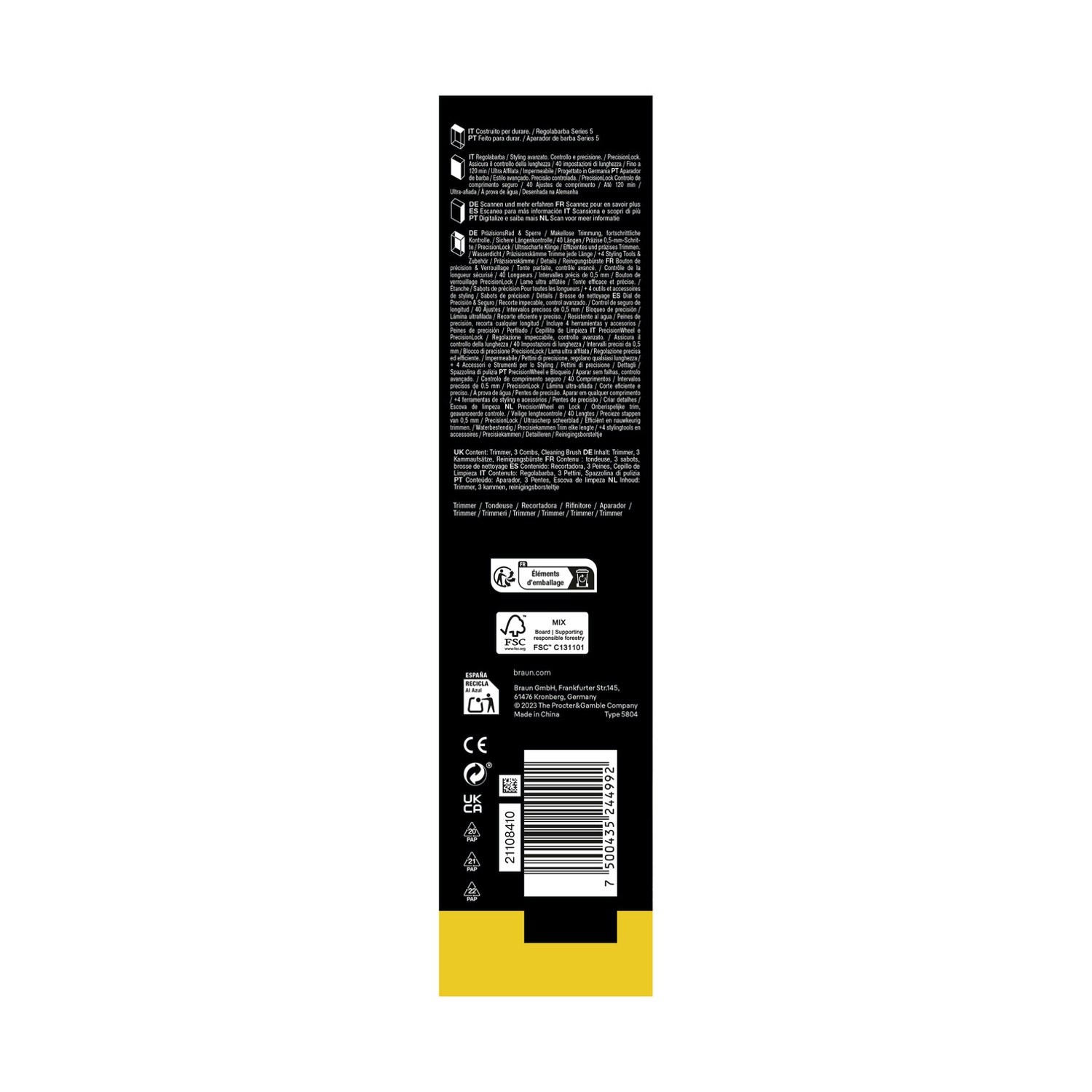 Braun Series 5 Trimmer-Verpackung mit mehrsprachigen Produktinformationen.