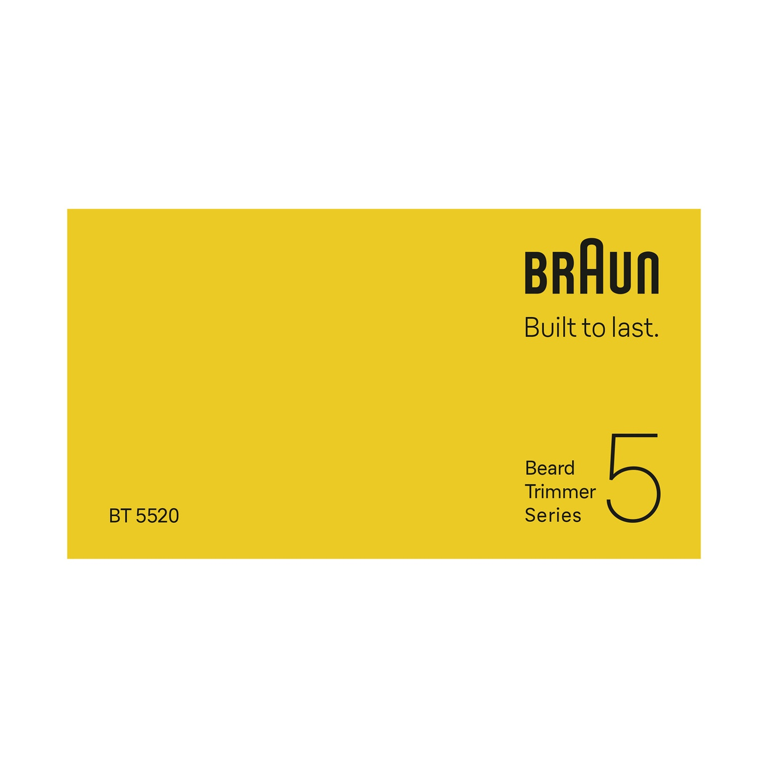 Braun Logo, Built to last. Barttrimmer Serie 5, BT 5520 auf gelbem Hintergrund.
