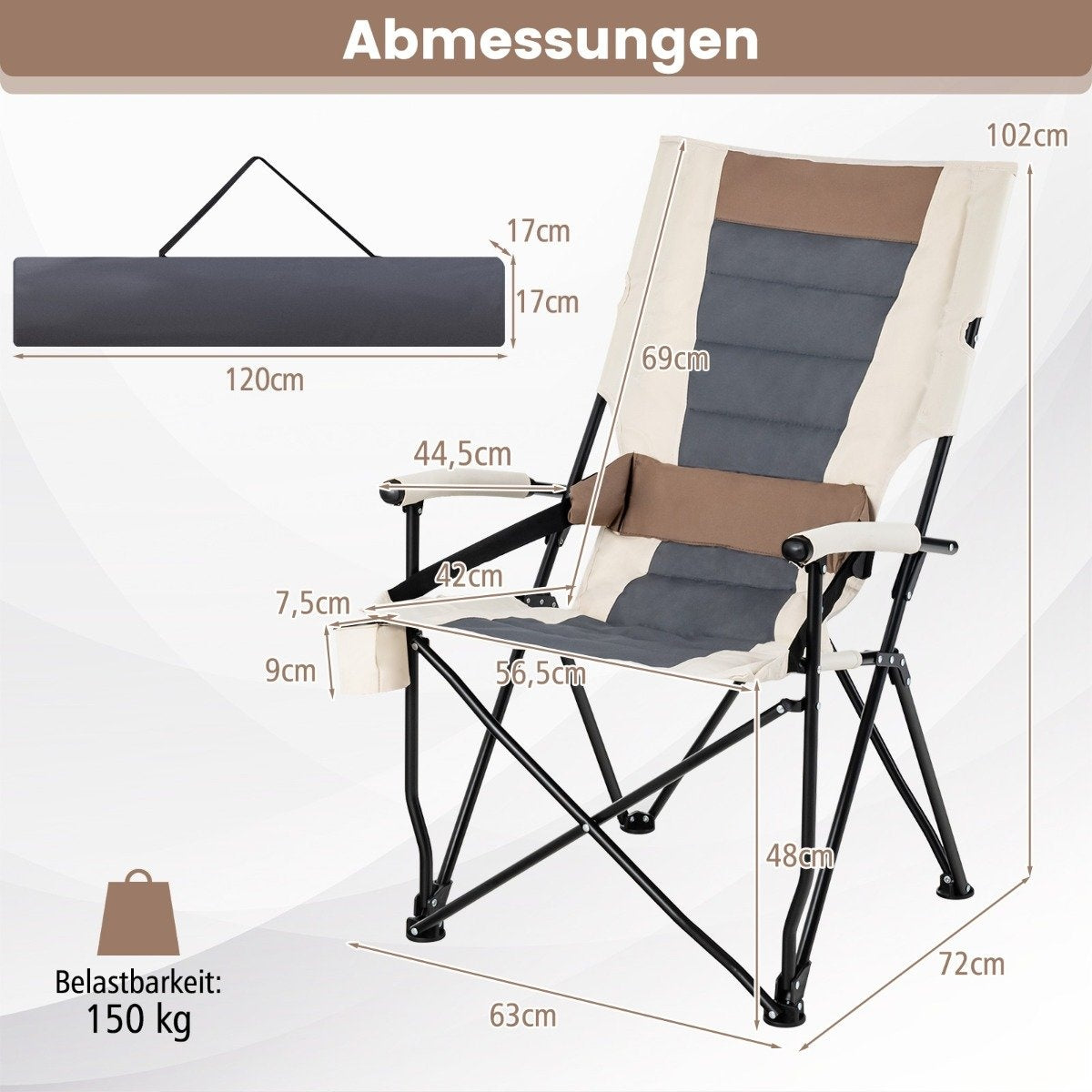 Silla de camping con dimensiones mostradas. Incluye alfombrilla plegada. Carga máx. 150 kg.