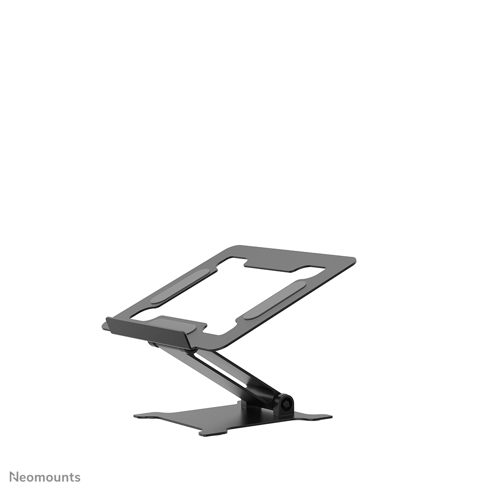 Een verstelbare zwarte laptopstandaard op witte achtergrond.