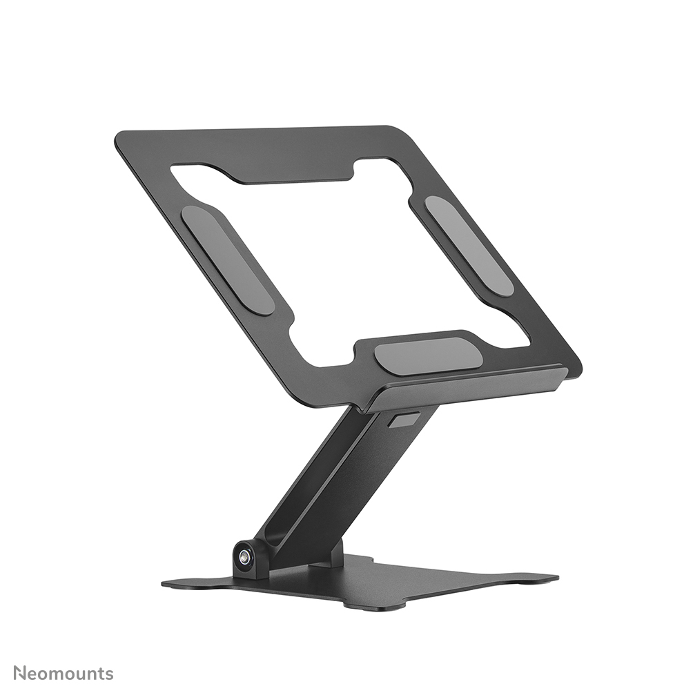 Een zwarte, verstelbare laptopstandaard met een minimalistisch ontwerp wordt getoond tegen een witte achtergrond.