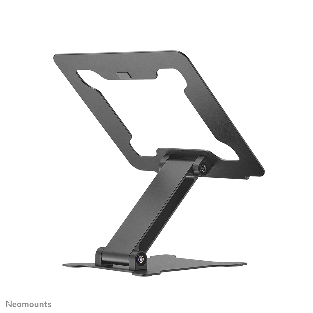Een zwarte, opvouwbare laptopstandaard met een strak, modern ontwerp, op witte achtergrond.