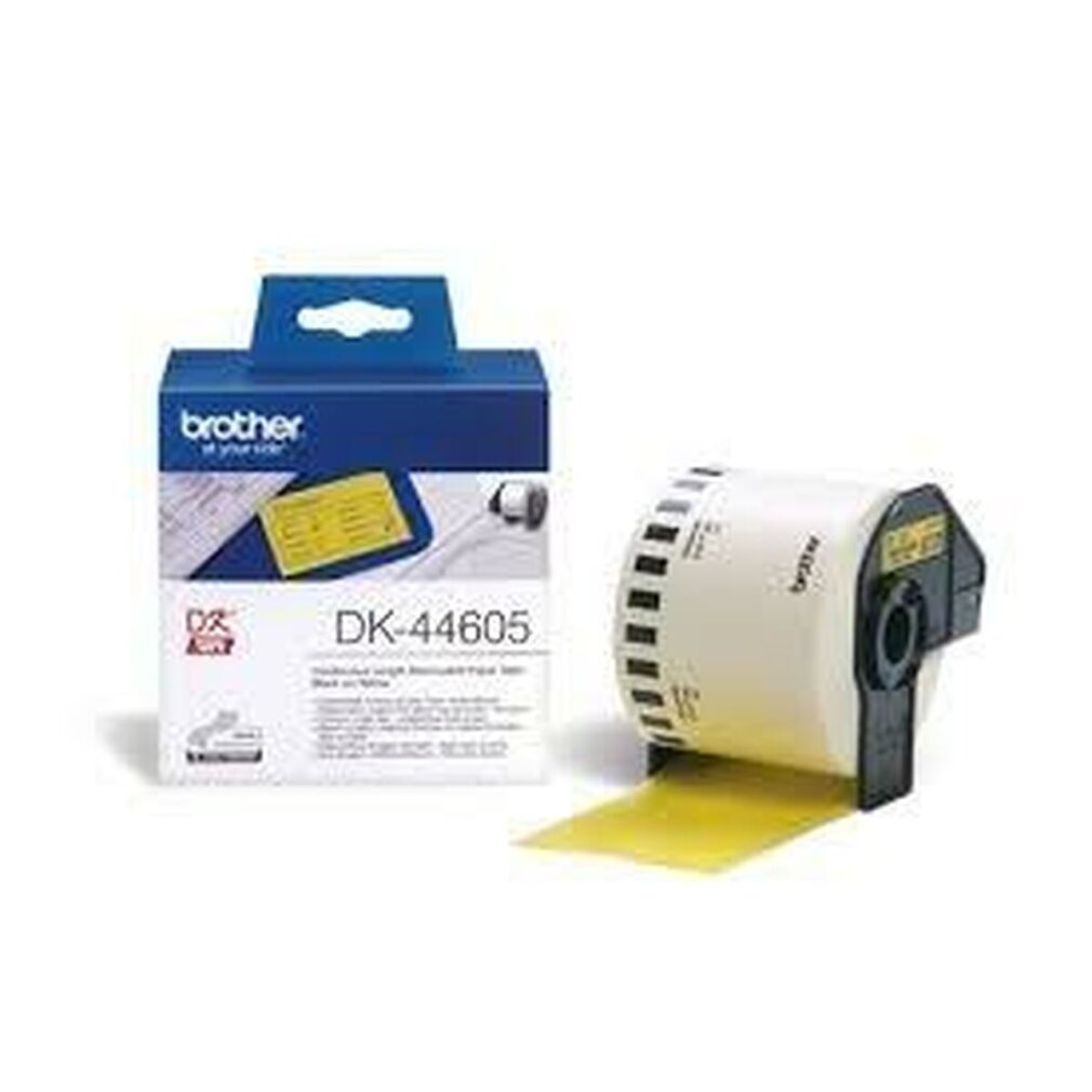 Rotolo di etichette Brother DK-44605 e scatola su sfondo bianco.