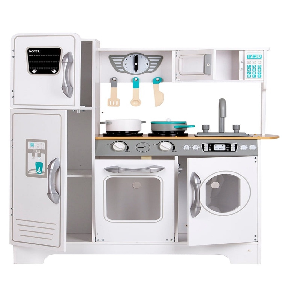 Una cocina de juguete blanca con nevera, estufa, horno y lavadora.