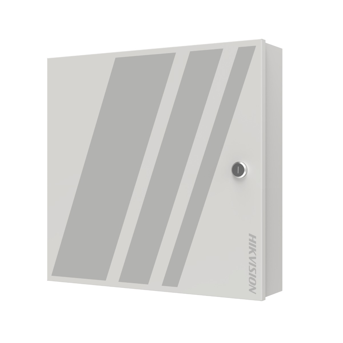 Un gabinete Hikvision blanco con rayas diagonales grises y una cerradura plateada.
