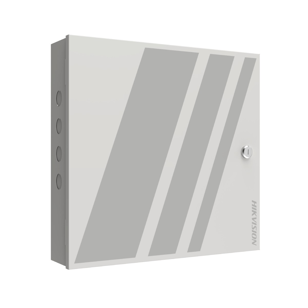 Caja metálica blanca Hikvision con rayas grises y cerradura.