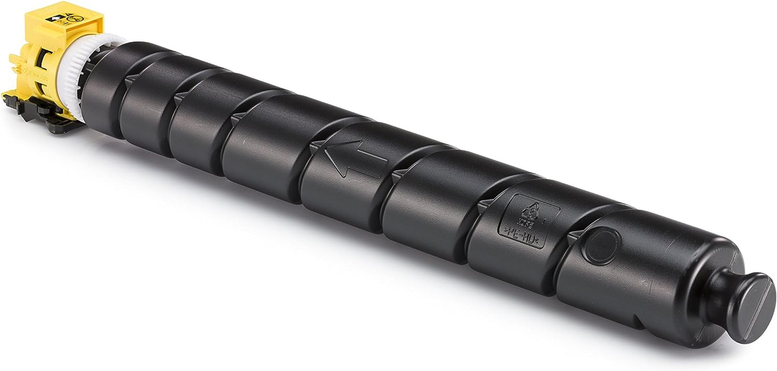 Czarny toner z żółtym złączem i oznaczeniami strzałek.