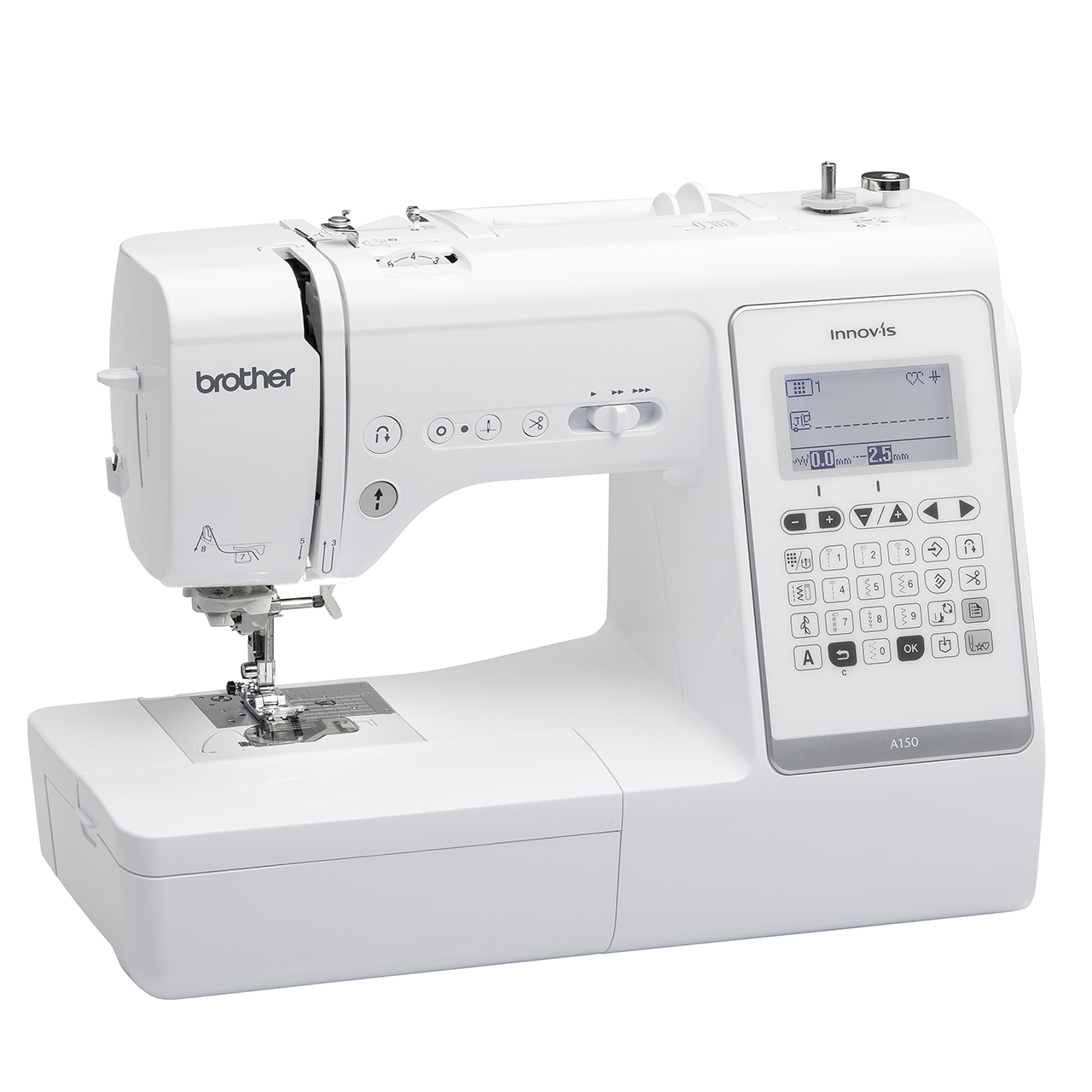 Macchina da cucire Brother Innovis A150 bianca con display digitale e pannello di controllo.