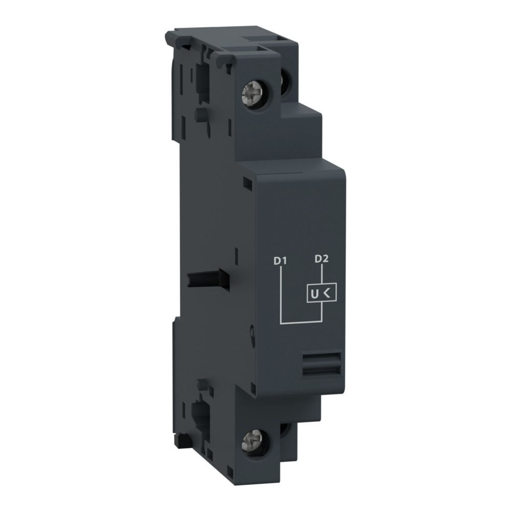 Un interruttore elettrico rettangolare scuro con marchi D1, D2 e U<lt/>.