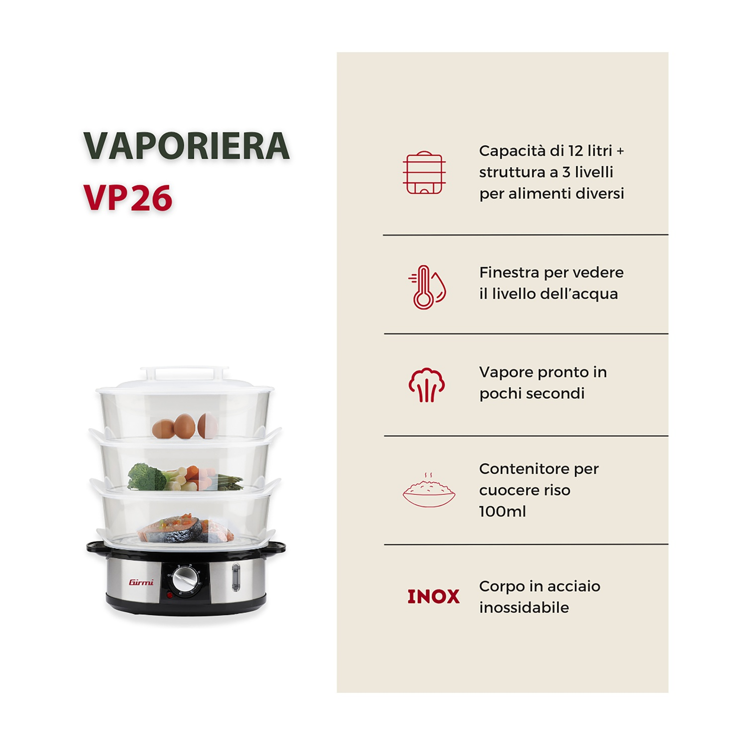 Vaporiera Girmi VP26 con 3 ciotole trasparenti impilate, contenenti uova, verdure e salmone.
