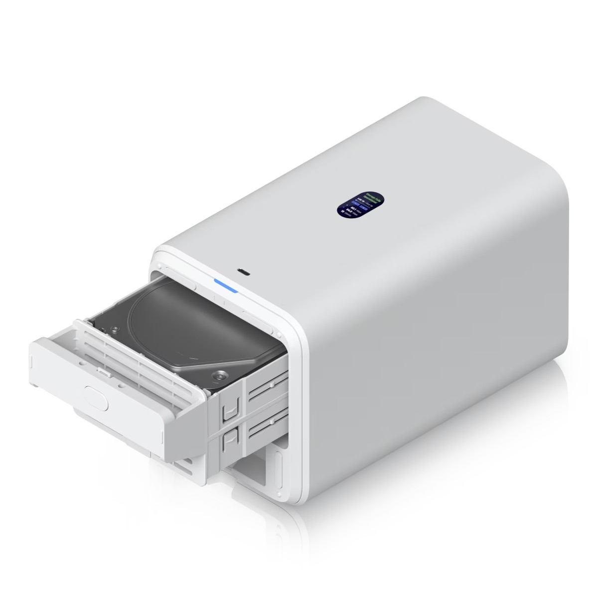 Un case per hard disk bianco con un disco estratto e un piccolo schermo.
