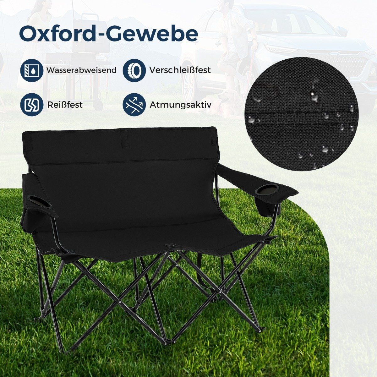 Silla plegable negra de tela Oxford sobre césped, con iconos de resistencia al agua.