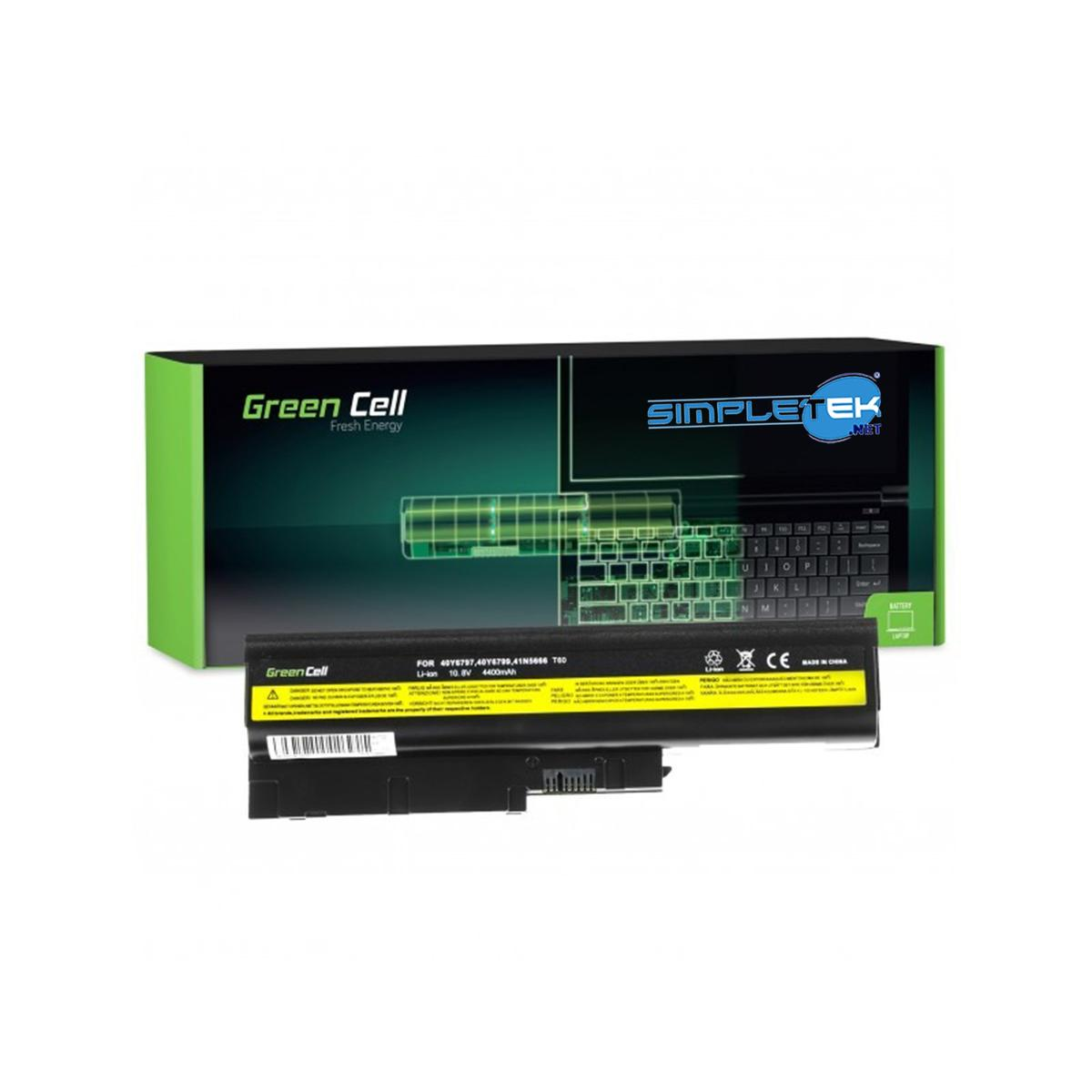 Batteria per laptop Green Cell con marchio Simpletek sulla scatola. Etichetta di avvertimento gialla.