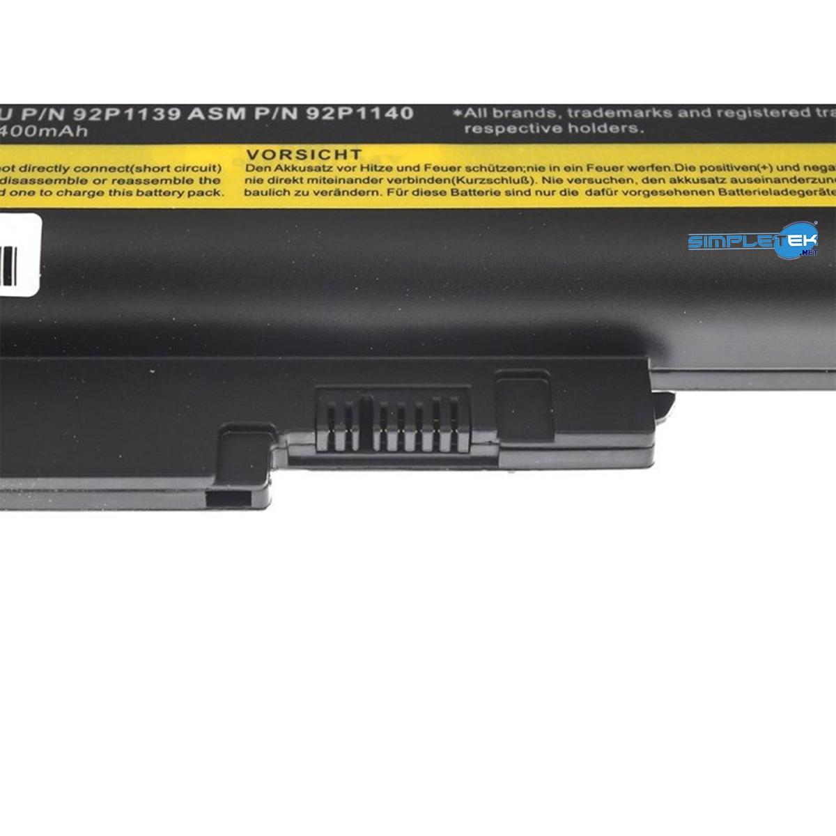 Batteria nera per laptop con testo P/N 92P1139, 400mAh. Avviso in tedesco e inglese.
