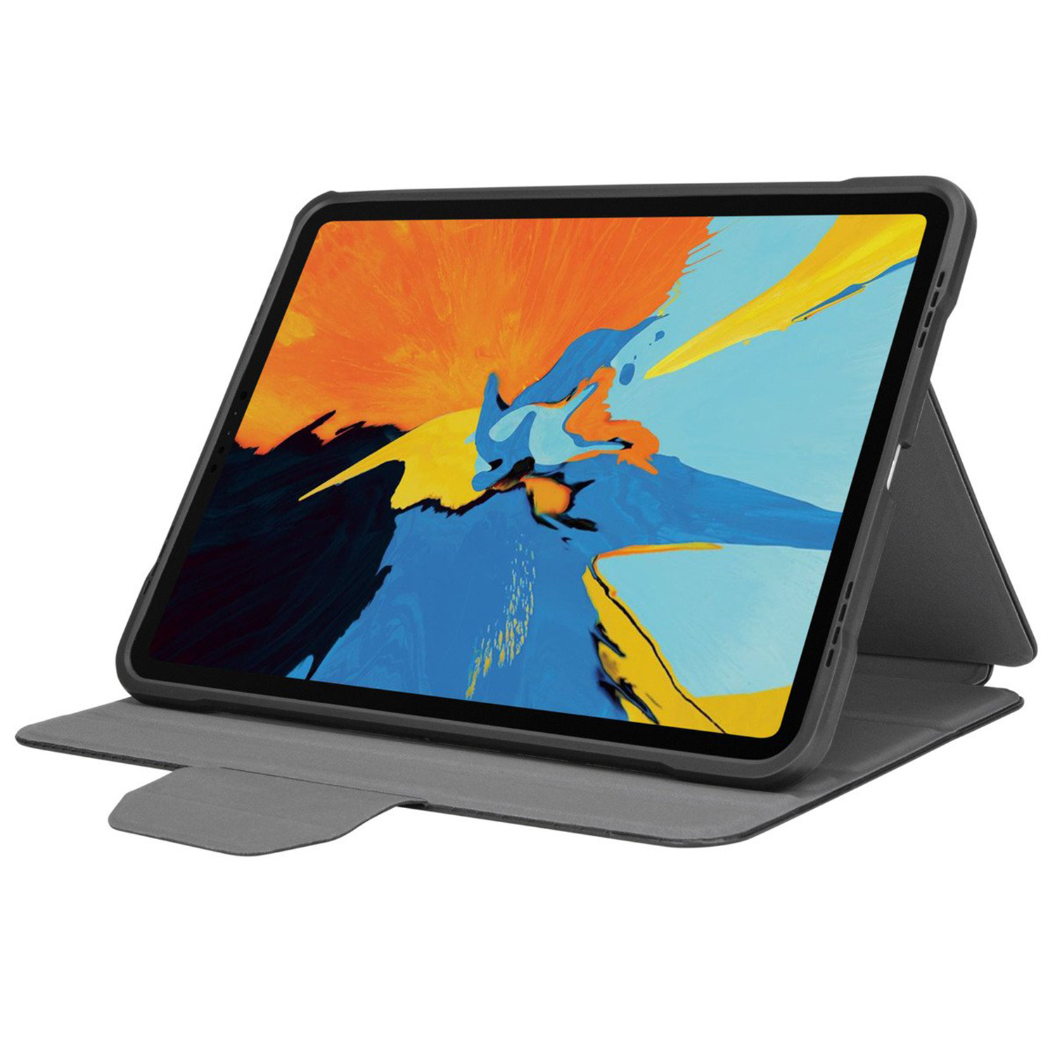 Un tablet nero in custodia grigia è angolato, mostrando uno sfondo astratto colorato.