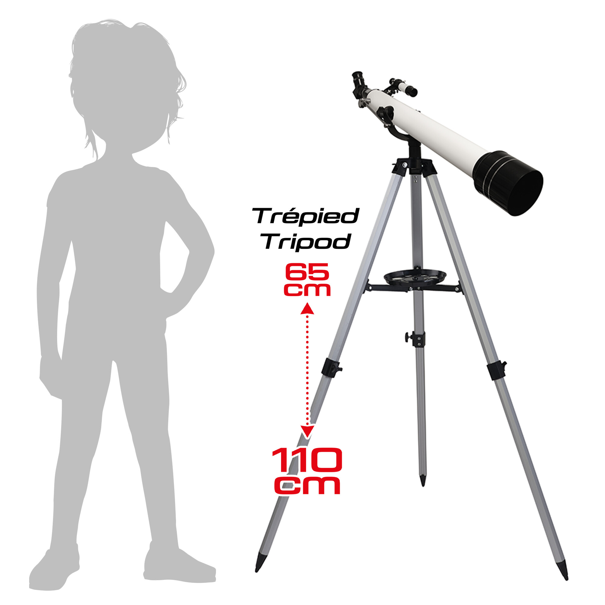 Eine graue Silhouette einer Person steht neben einem weißen Teleskop auf einem Stativ. Text gibt Größen an.