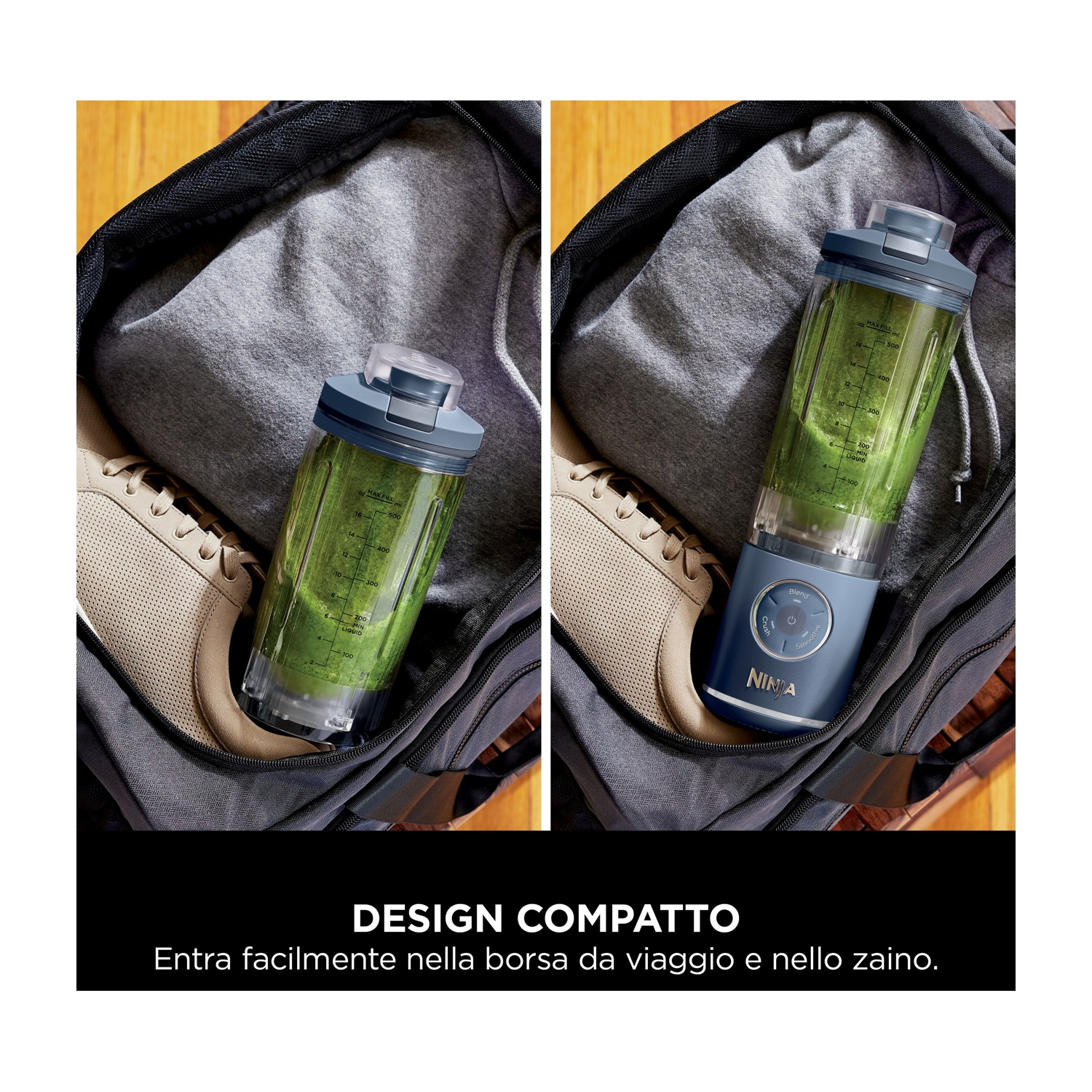 Due viste di un frullatore portatile con frullato verde, in una borsa da palestra con scarpe da ginnastica.