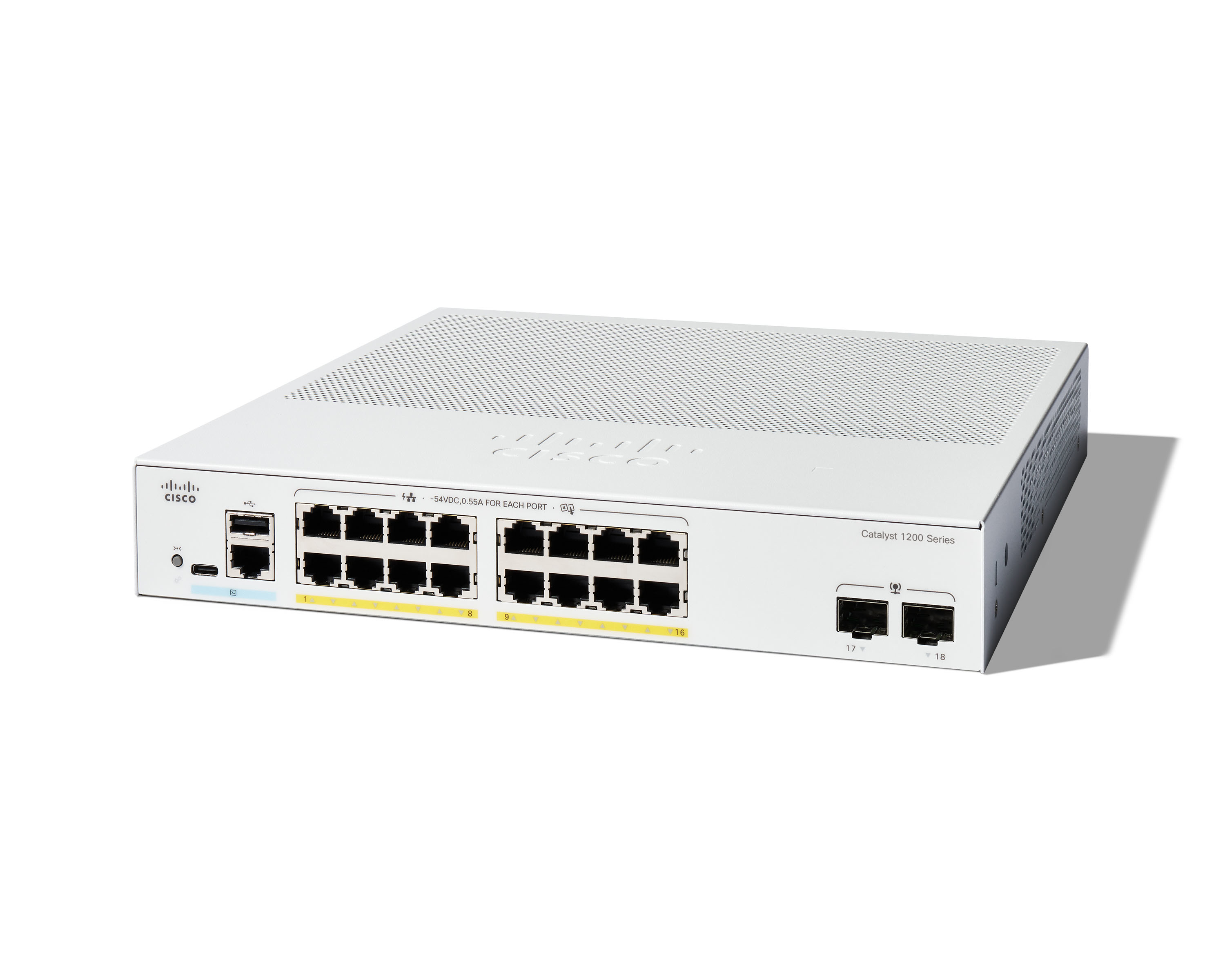 Uno switch di rete Cisco Catalyst 1200 Series bianco con 18 porte e logo Cisco.