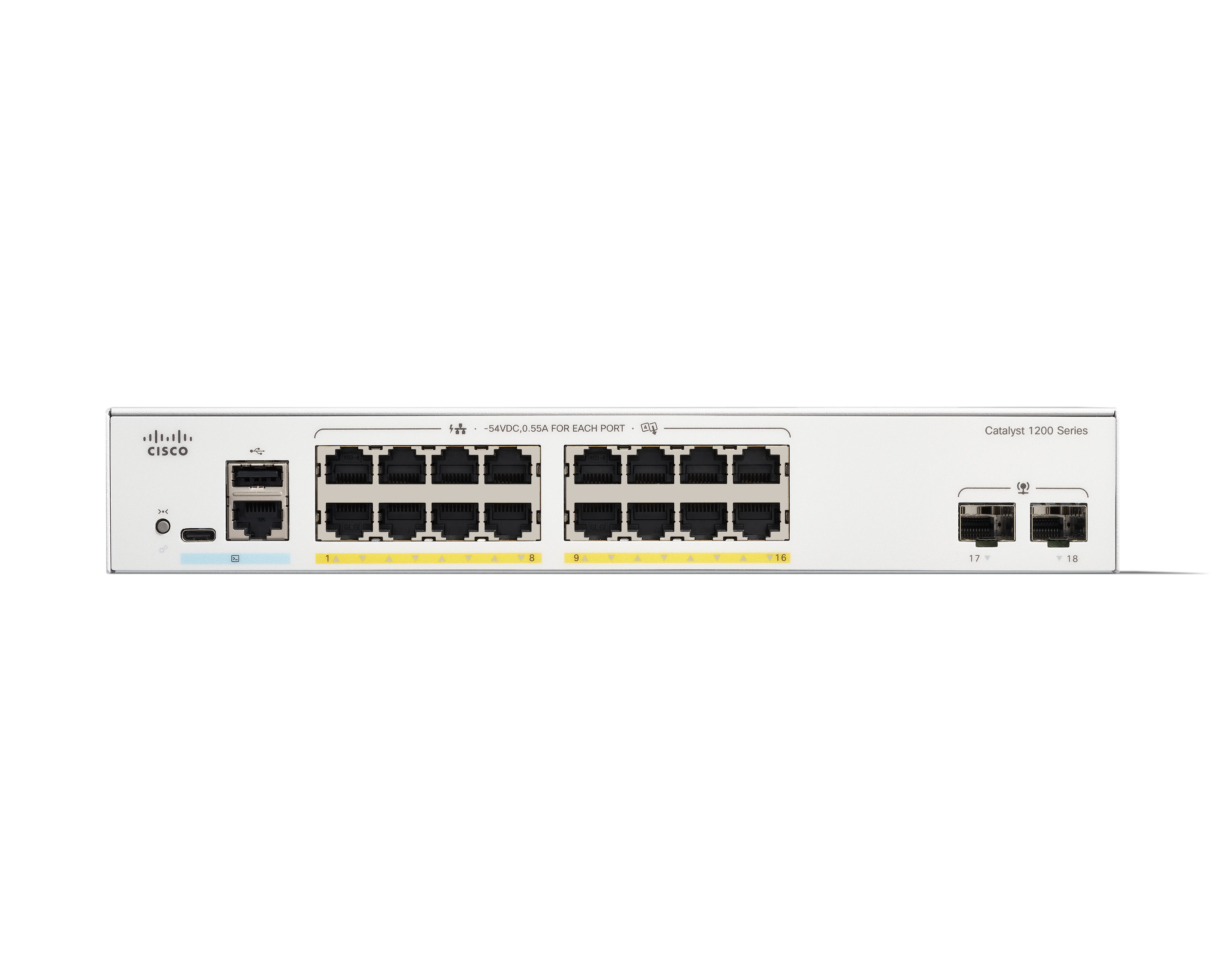 Cisco Catalyst Serie 1200: 16 porte RJ45, 2 porte uplink, USB-A, USB-C.