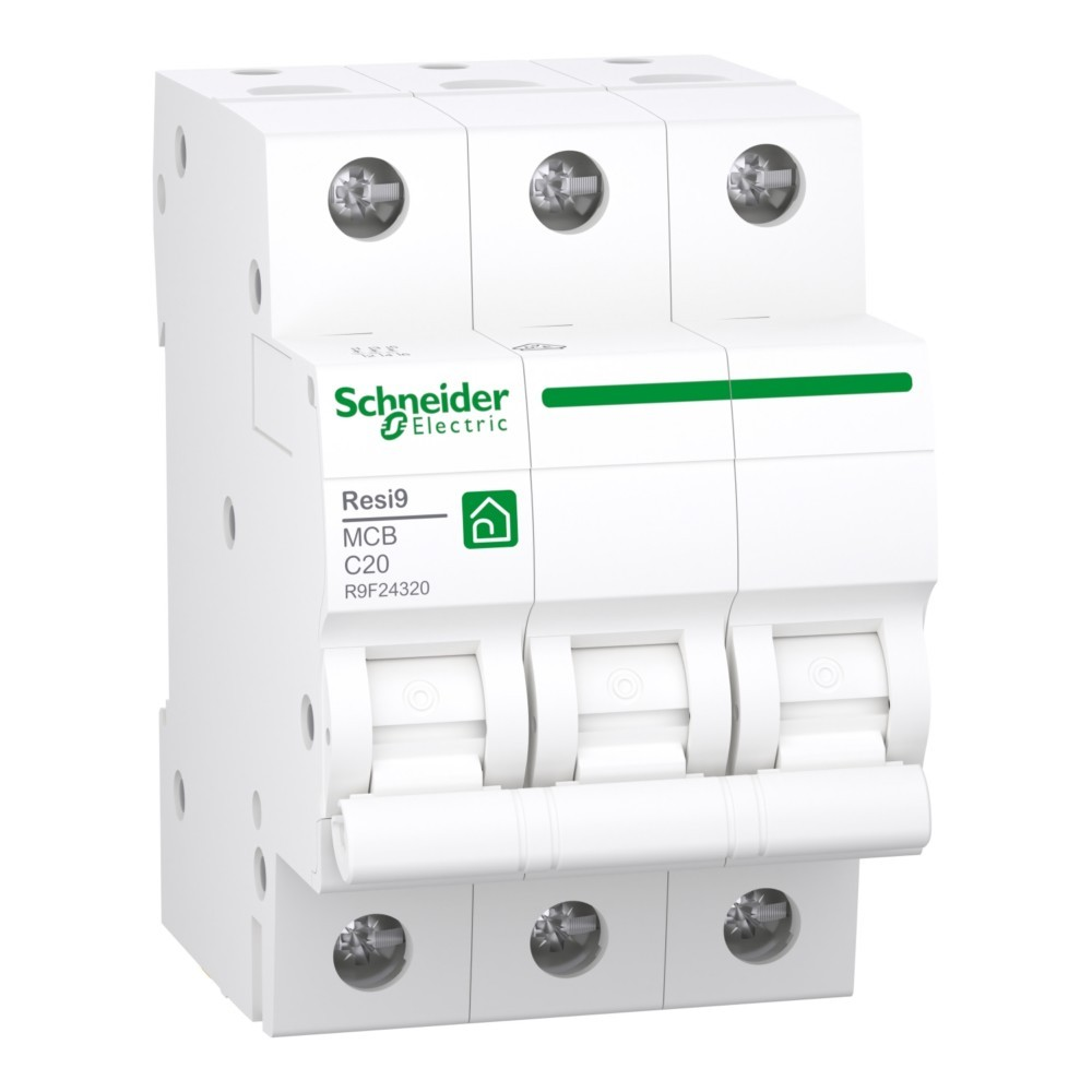 Un interruttore automatico Schneider Electric Resi9 MCB C20 bianco con tre interruttori.