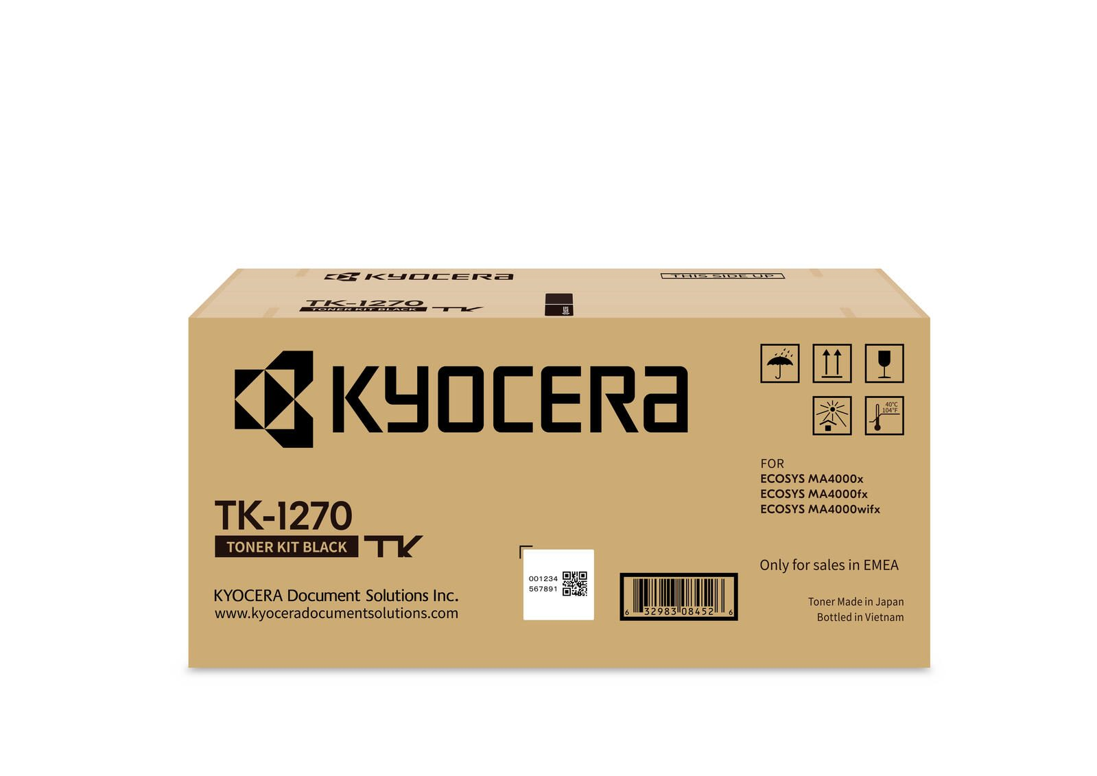 Scatola toner Kyocera TK-1270 con simboli di avviso e informazioni prodotto.